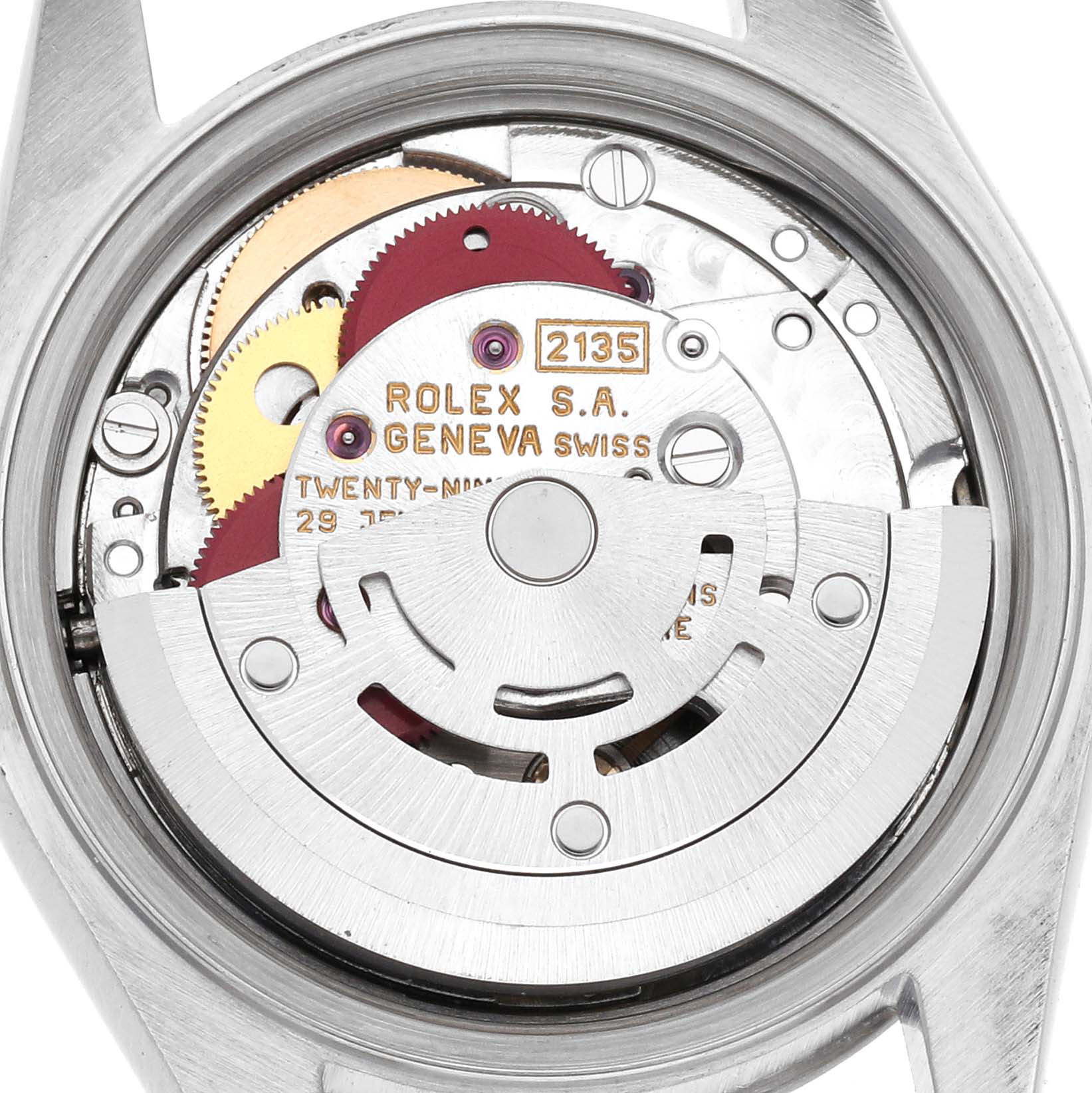 The image shows the movement of a Rolex Datejust 69174 Women's Stainless Steel Silver Dial 69174 Women's Stainless Steel Silver Dial watch from a top-down angle, revealing the intricate internal mechanisms.
