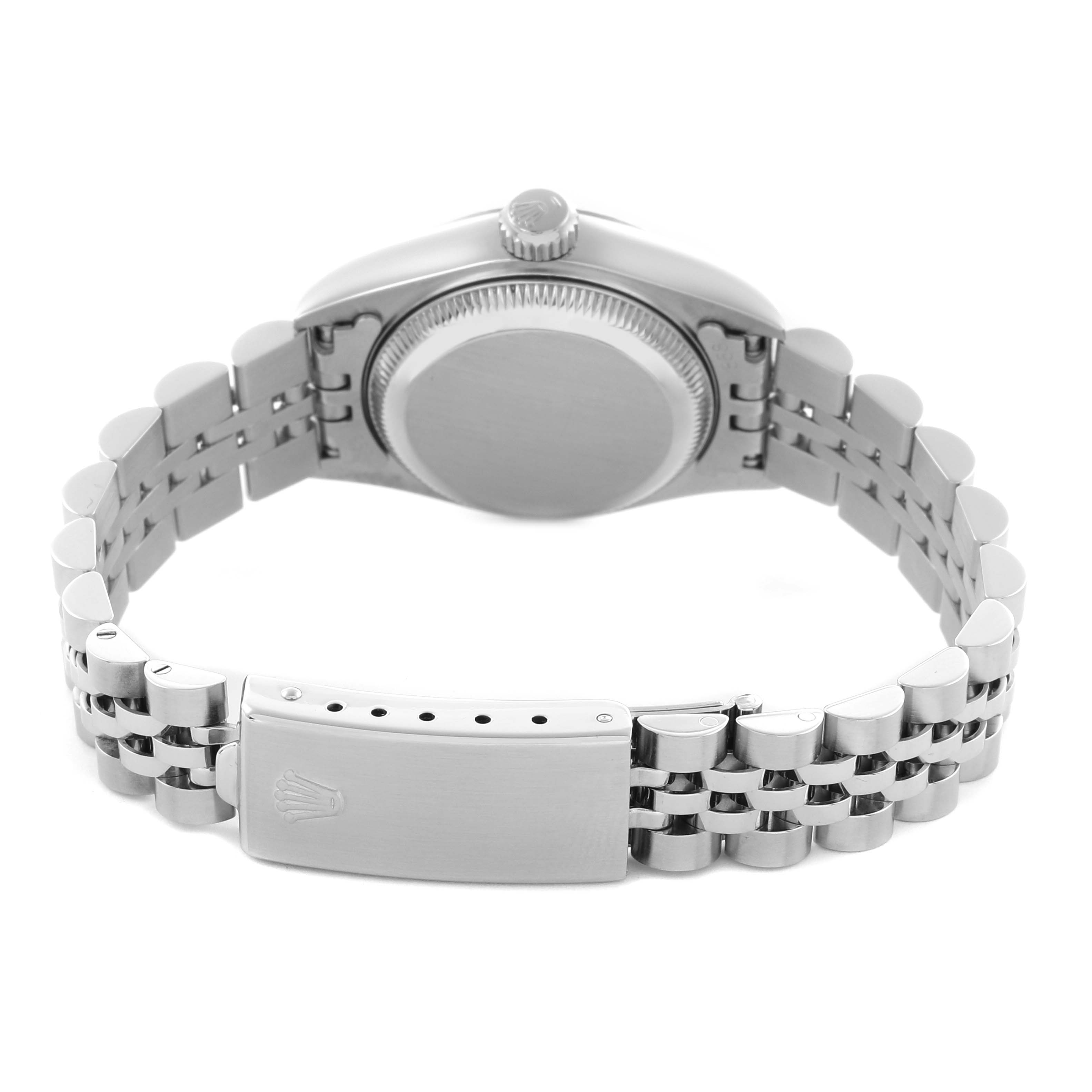 The image shows the back view of a Rolex Datejust 69174 Women's Stainless Steel Silver Dial 69174 Women's Stainless Steel Silver Dial, highlighting the case back, crown, and bracelet with clasp.