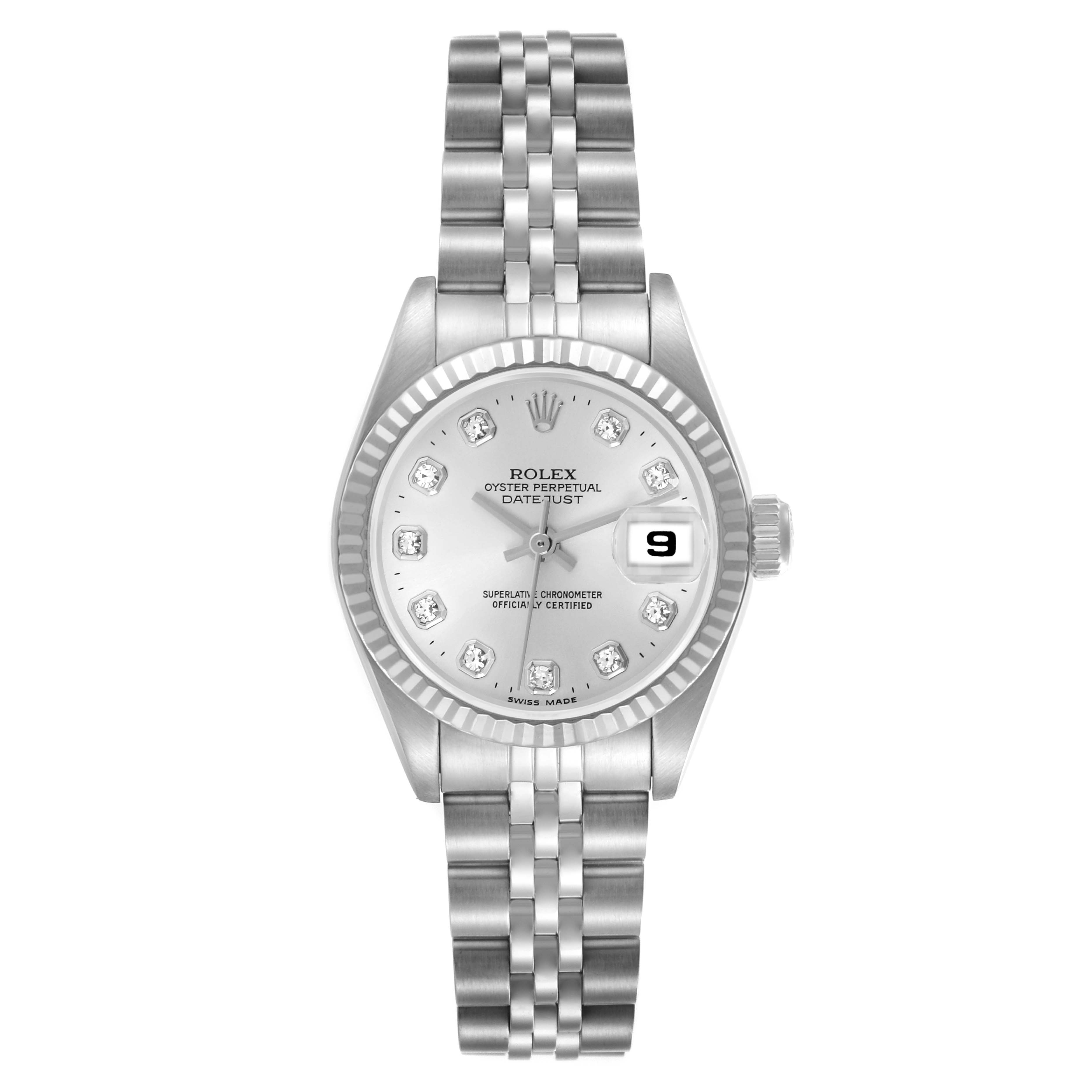 The Rolex Datejust 69174 Women's Stainless Steel Silver Dial 69174 Women's Stainless Steel Silver Dial watch is shown from the front, displaying the dial, bezel, jubilee bracelet, and date window.