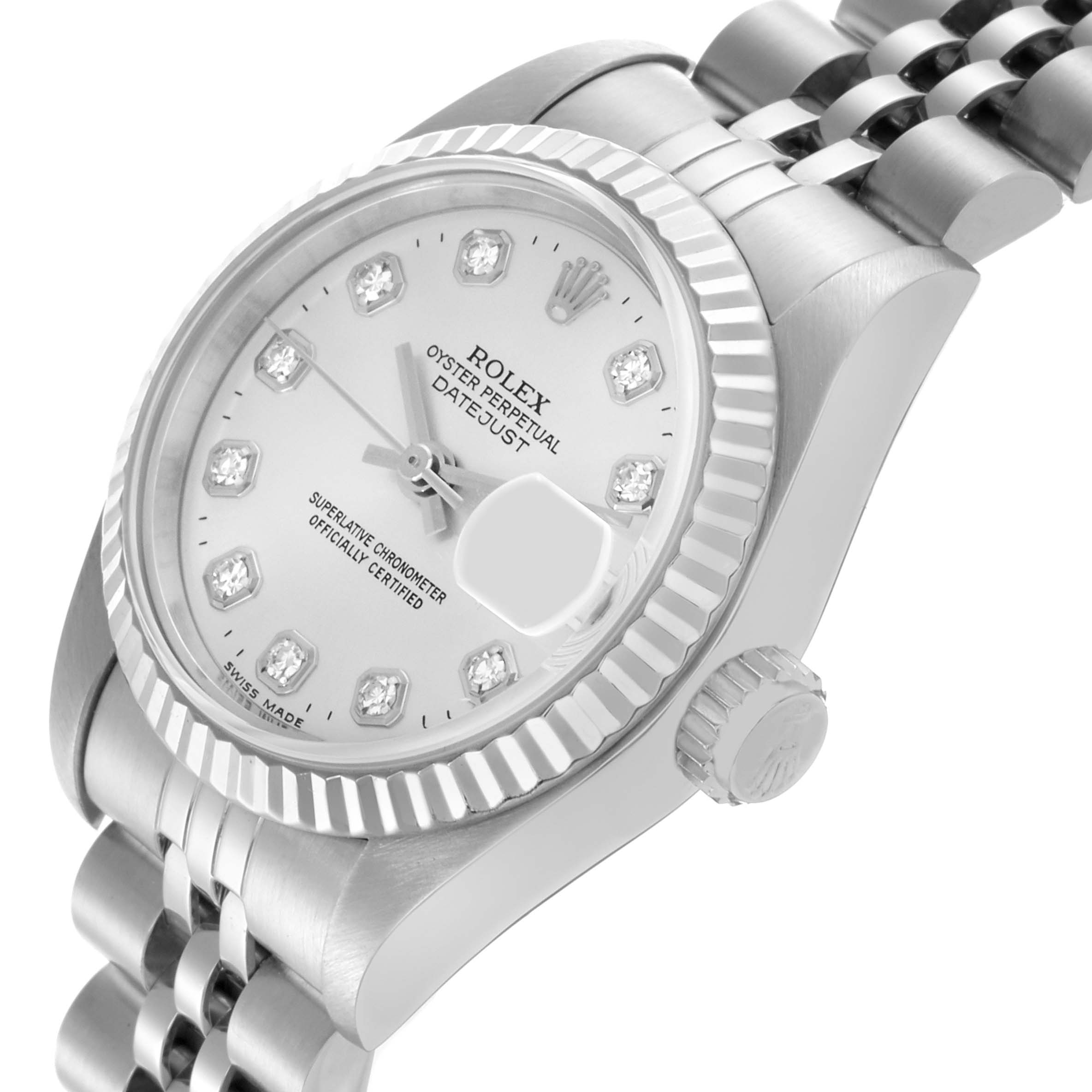 The Rolex Datejust 69174 Women's Stainless Steel Silver Dial 69174 Women's Stainless Steel Silver Dial is shown at an angled view, featuring the dial, fluted bezel, crown, and bracelet.