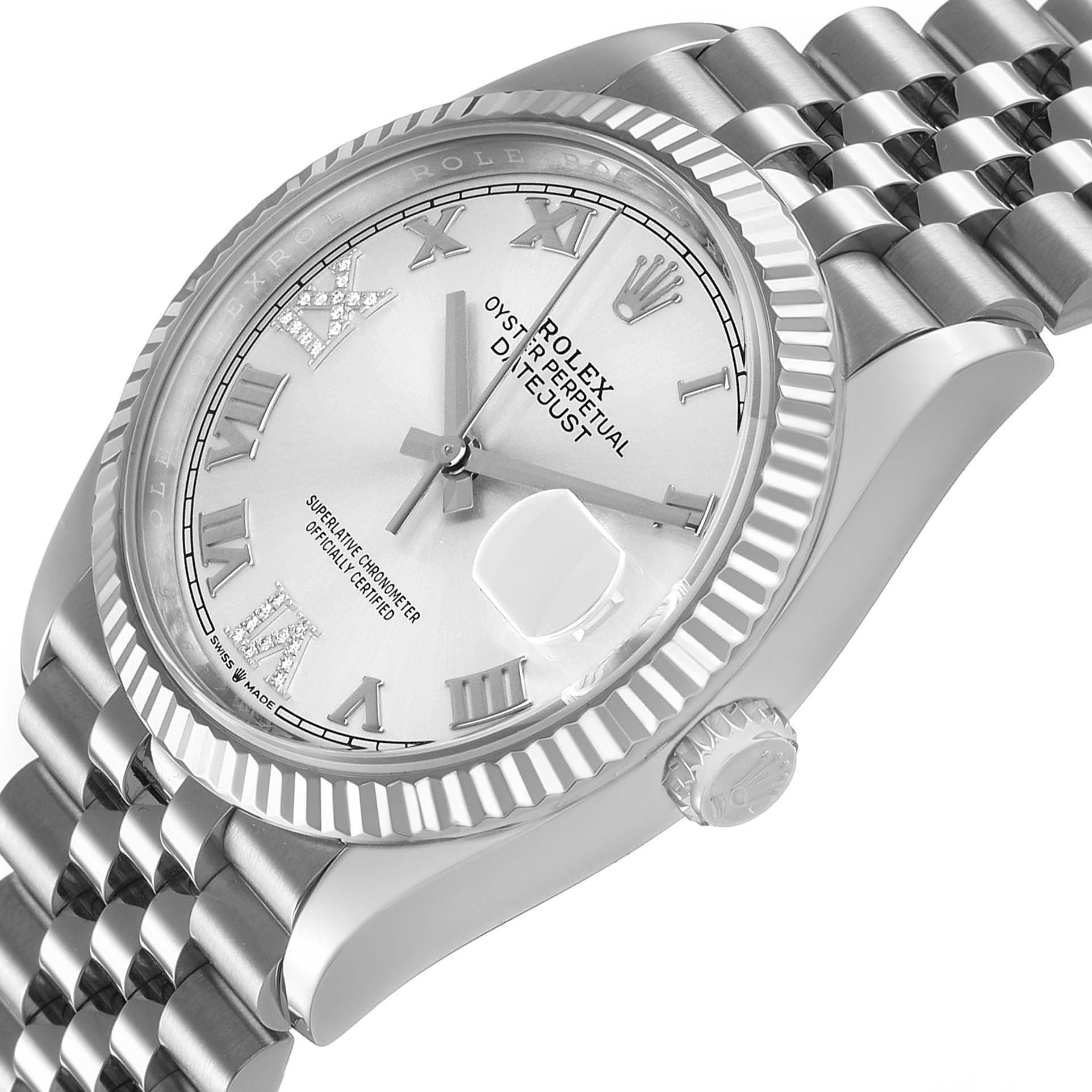 The Rolex Datejust 126234 Men's Stainless Steel Silver Dial watch is shown from a tilted side angle, highlighting the dial, bezel, crown, and bracelet.