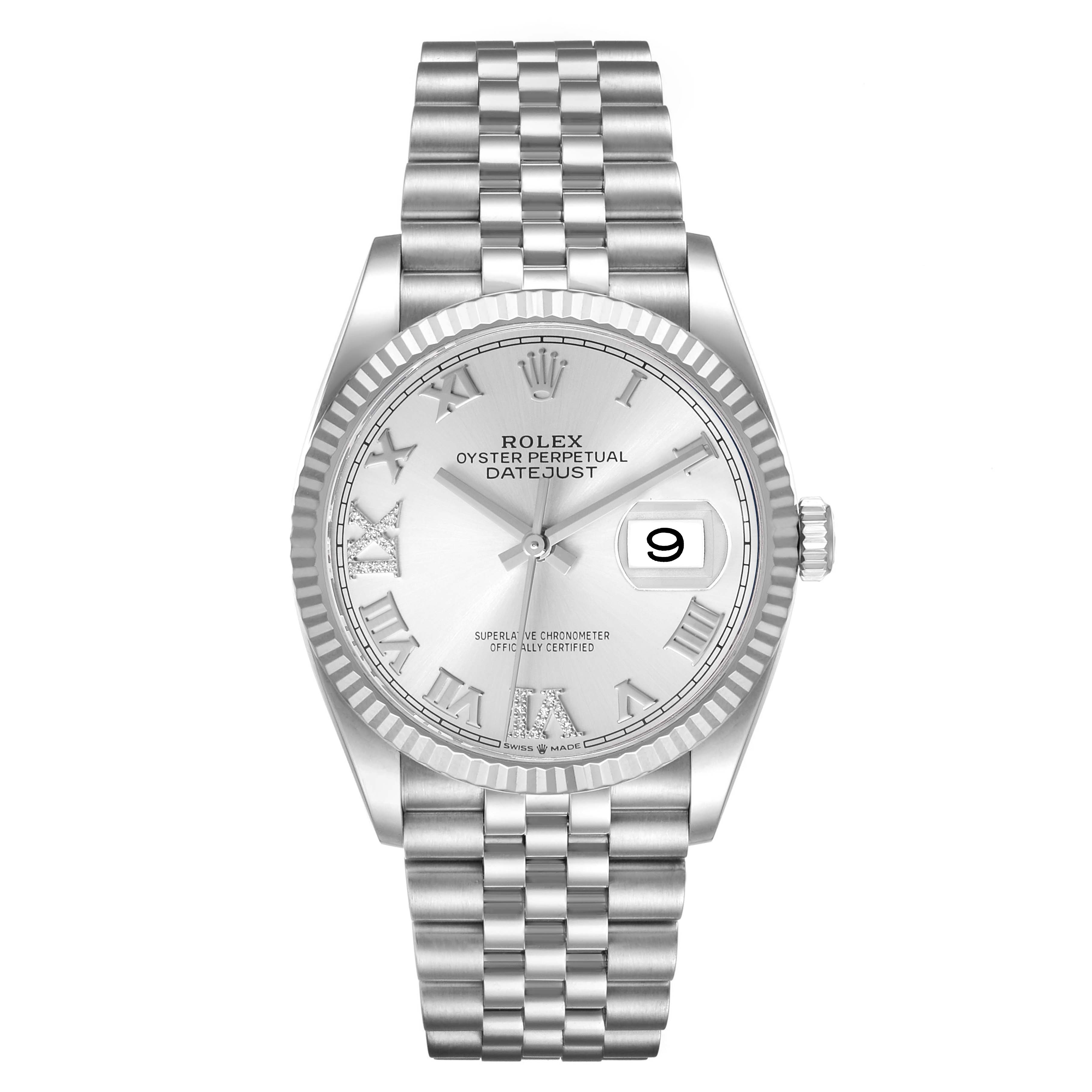 The Rolex Datejust 126234 Men's Stainless Steel Silver Dial watch is shown from a top-down angle, displaying its face, hands, bracelet, and fluted bezel.