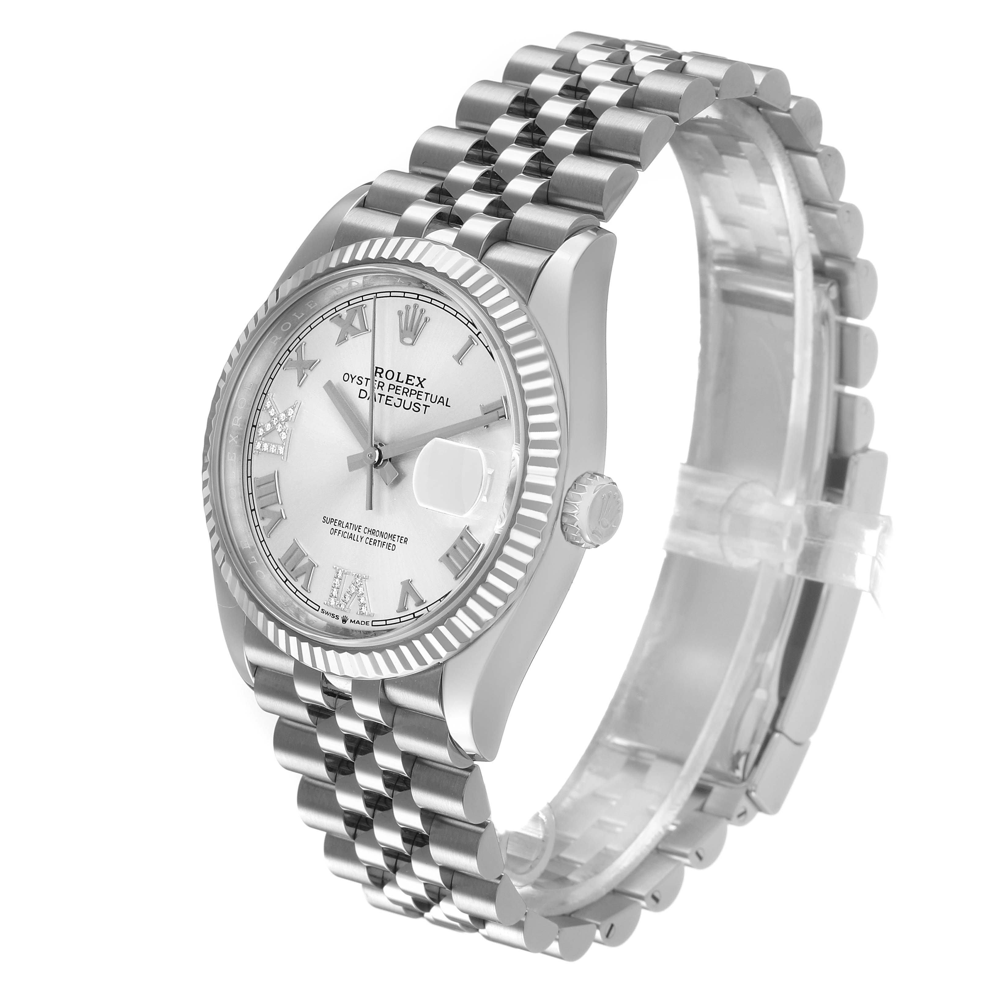 The Rolex Datejust 126234 Men's Stainless Steel Silver Dial watch is shown at a three-quarter angle, highlighting the face, bezel, and jubilee bracelet.