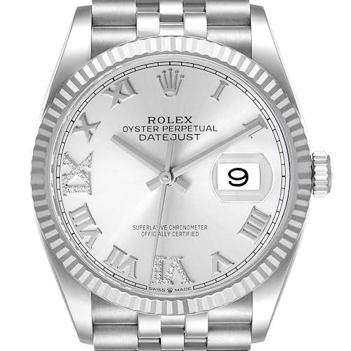 The Rolex Datejust 126234 Men's Stainless Steel Silver Dial watch is shown from a front angle, highlighting the dial, bezel, and bracelet.