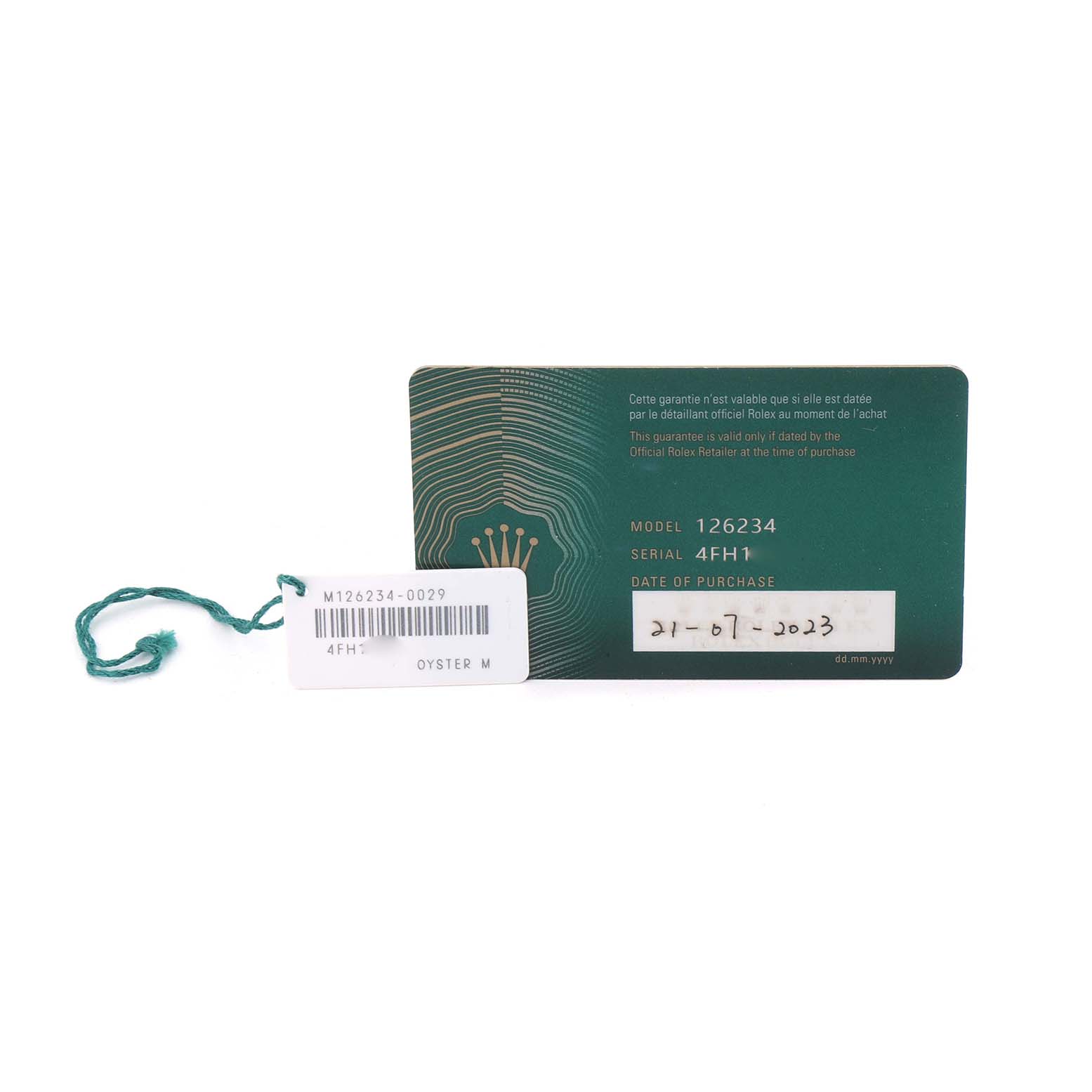 The image shows a warranty card and tag for a Rolex Datejust 126234 Men's Stainless Steel Silver Dial.