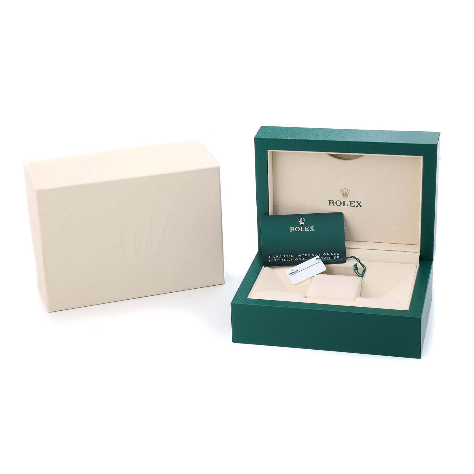 The image shows the packaging and accessories for a Rolex Datejust 126234 Men's Stainless Steel Silver Dial, including a green box, warranty card, and tags.