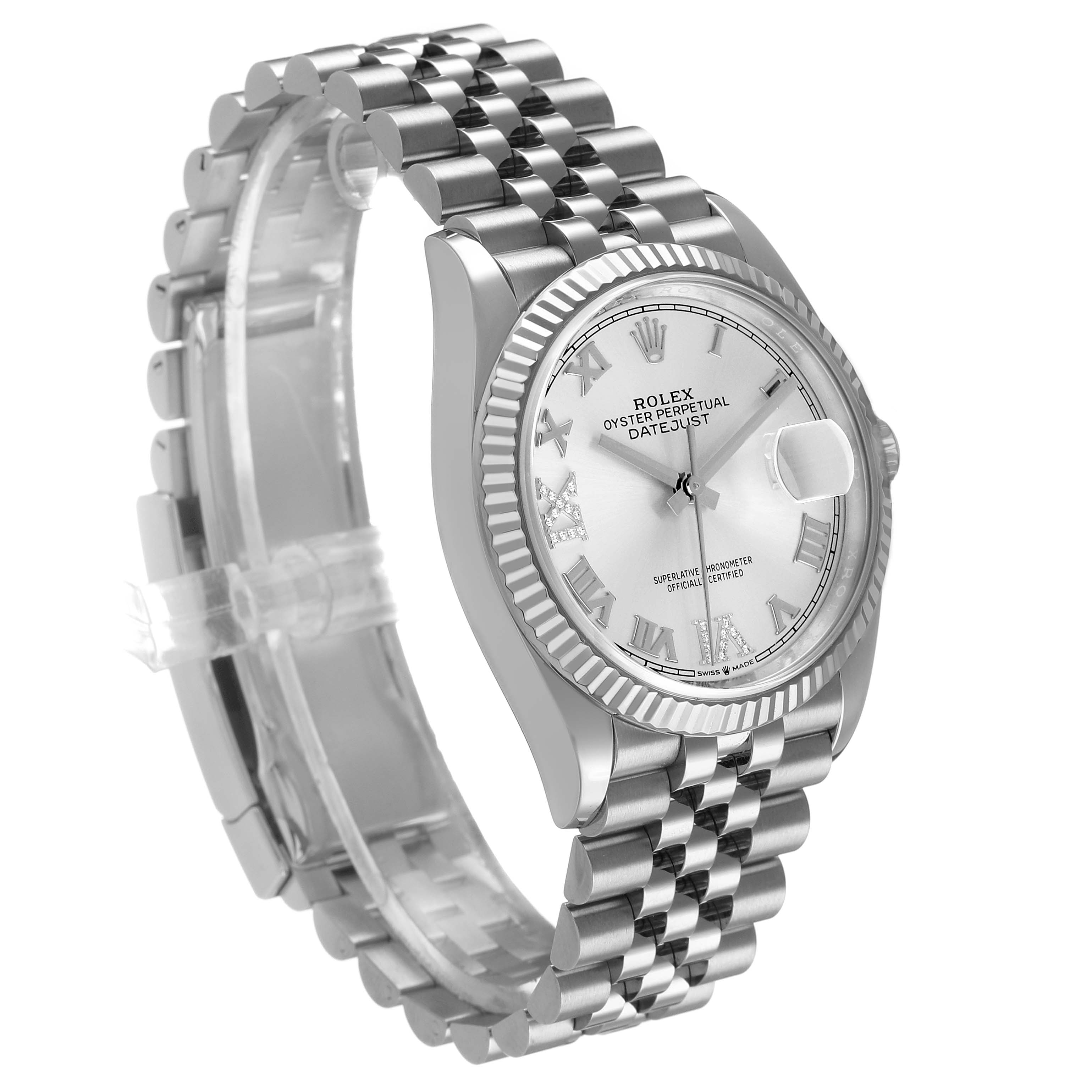 The image shows a side angle of a Rolex Datejust 126234 Men's Stainless Steel Silver Dial watch, highlighting the face, bezel, and Jubilee bracelet.