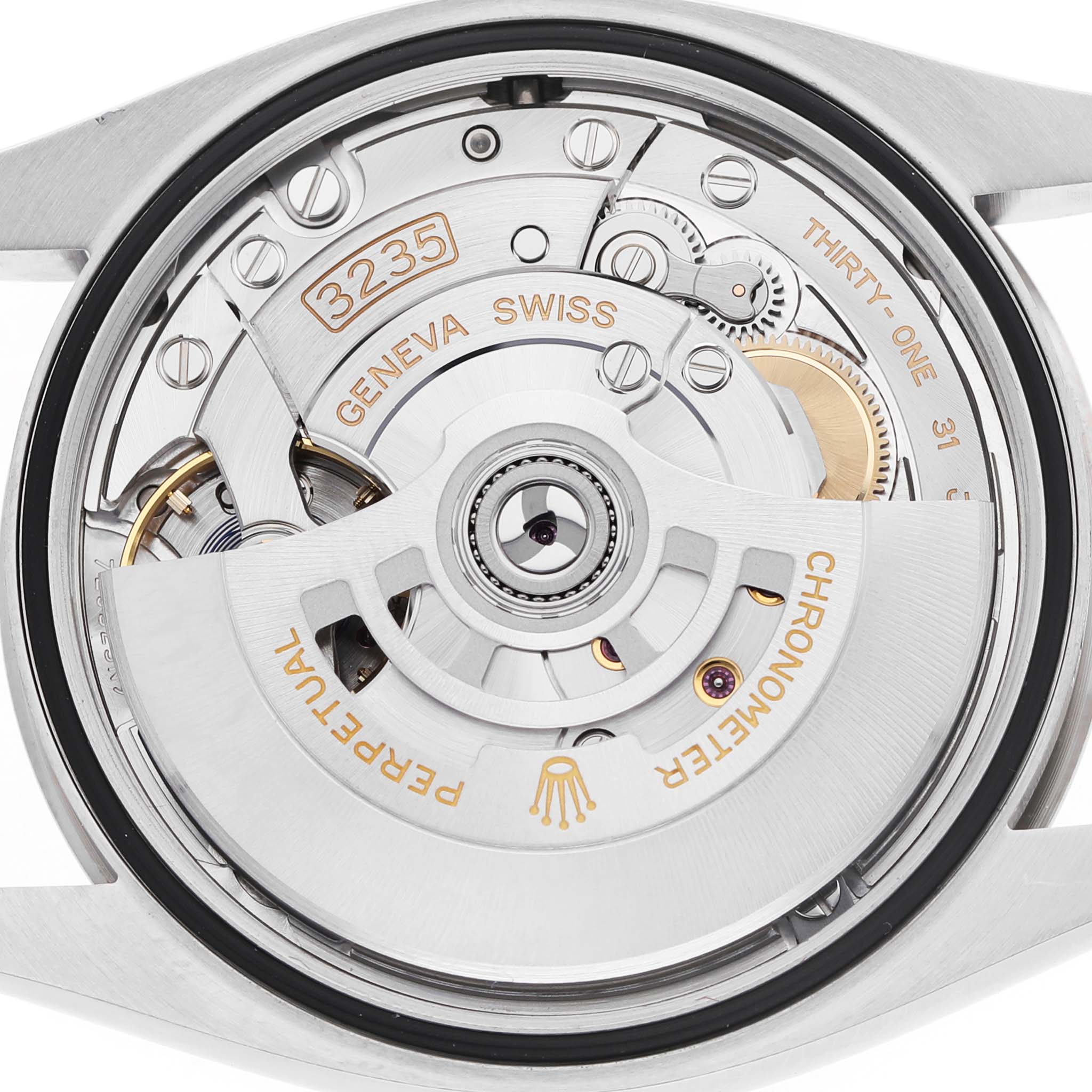 The image shows the Rolex Datejust 126234 Men's Stainless Steel Silver Dial watch movement from the back, highlighting the rotor and gears inside.