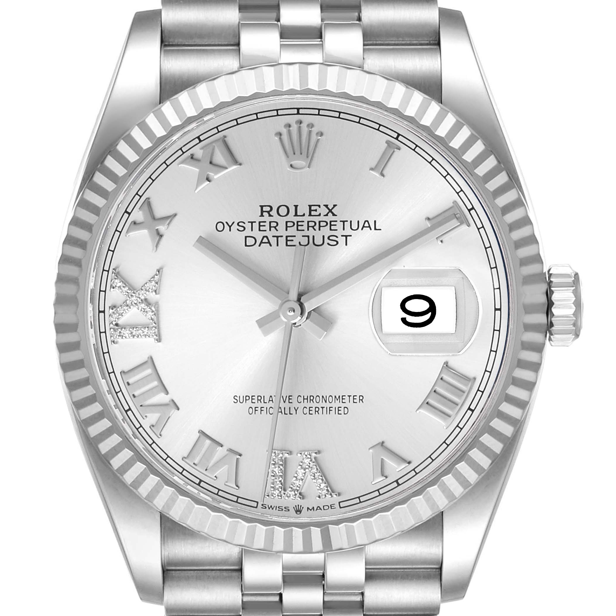 The Rolex Datejust 126234 Men's Stainless Steel Silver Dial watch is shown from the front, highlighting the dial, fluted bezel, and part of the bracelet.