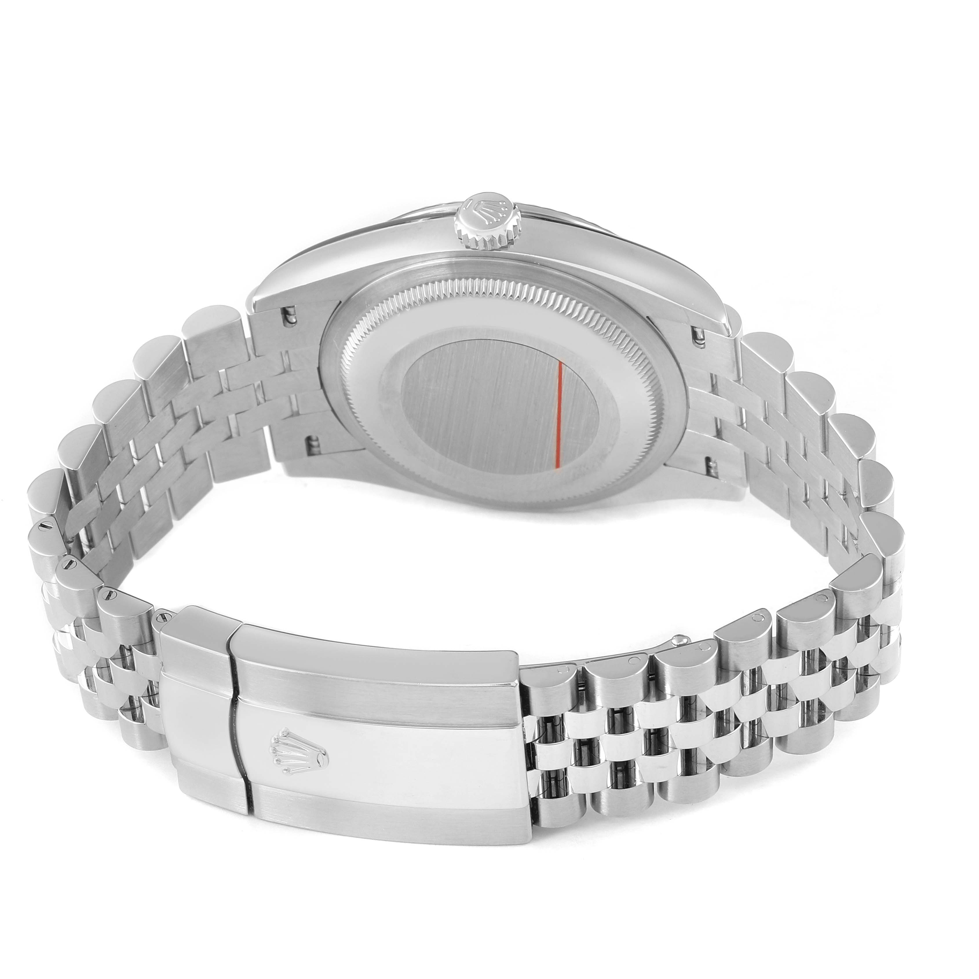 The image shows the back and bracelet of a Rolex Datejust 126234 Men's Stainless Steel Silver Dial watch, highlighting the case back and clasp from an angled rear view.