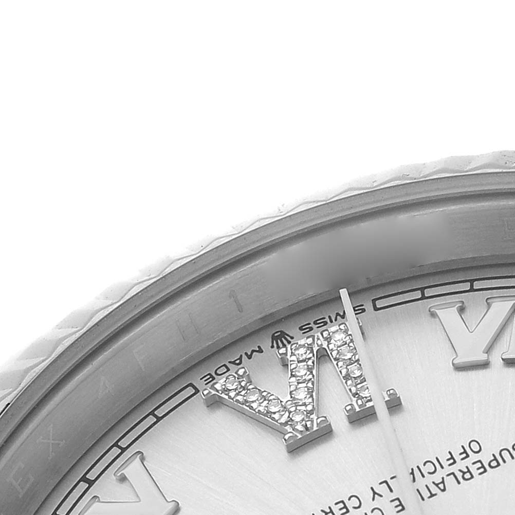 The image shows a close-up of the Rolex Datejust 126234 Men's Stainless Steel Silver Dial's bezel, dial edge, and diamond-encrusted VI numeral.