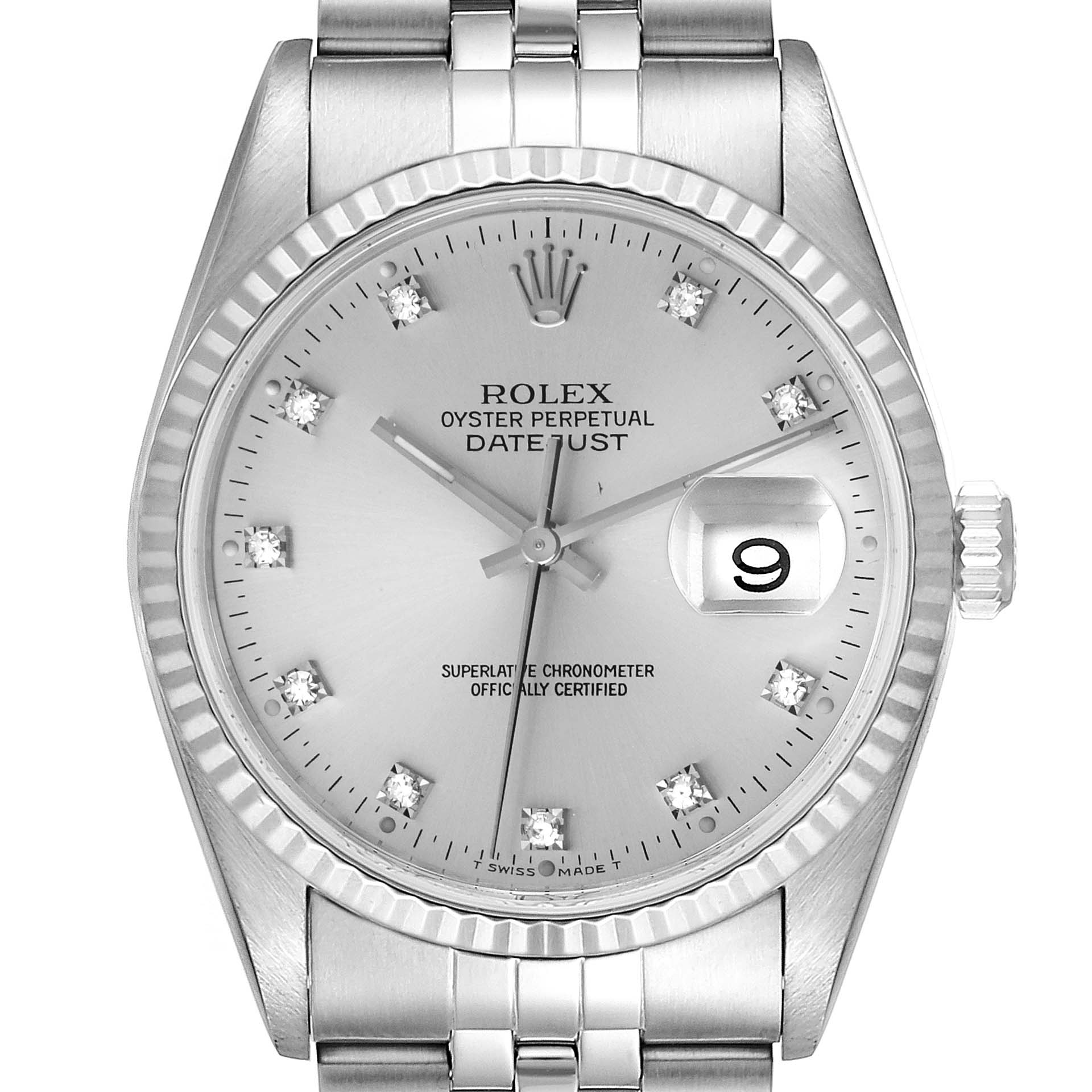 The image shows a close-up, frontal view of a Rolex Datejust 16234 Men's Stainless Steel Silver Dial 16234 Men's Stainless Steel Silver Dial watch, including the dial, bezel, and part of the bracelet.