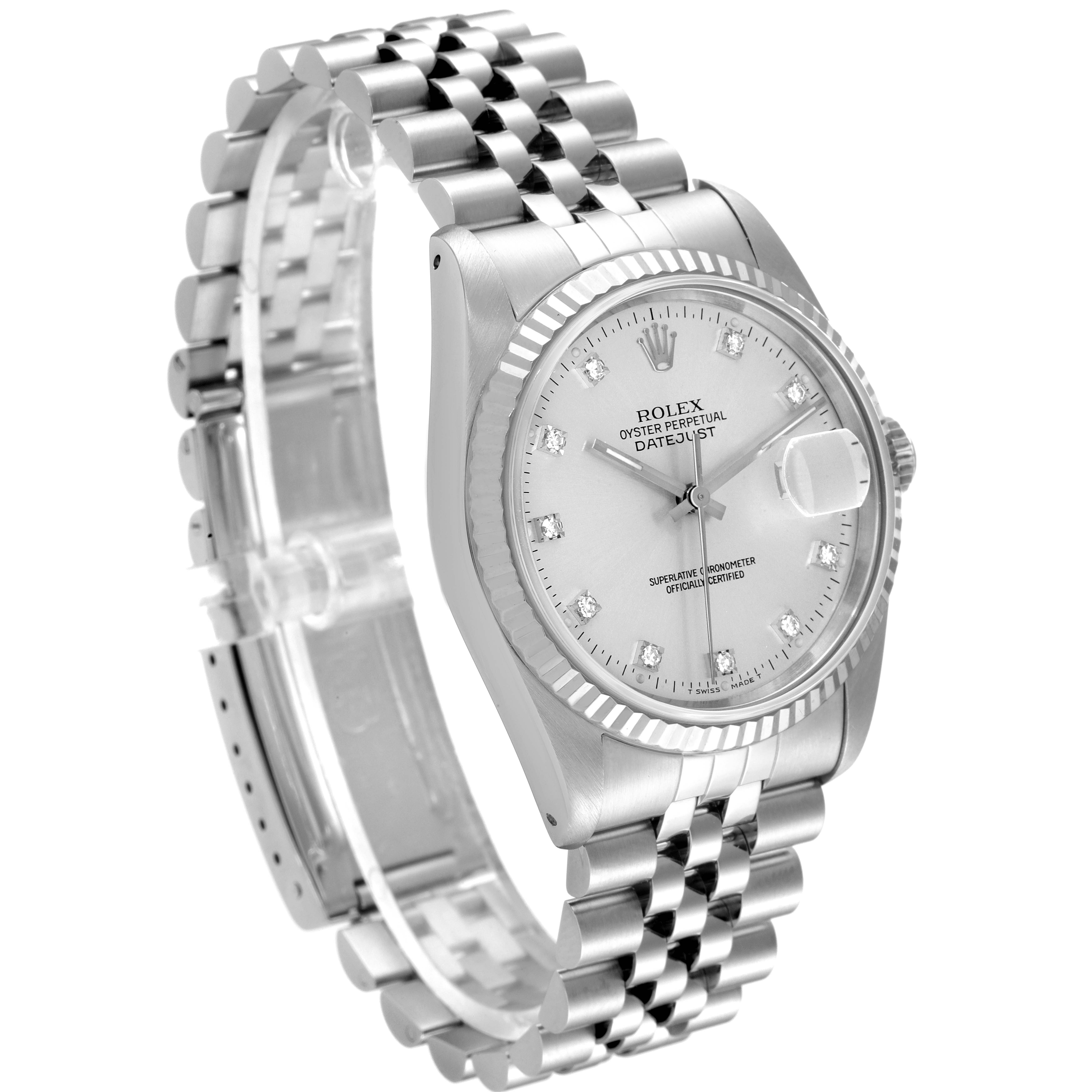 The image shows a Rolex Datejust 16234 Men's Stainless Steel Silver Dial 16234 Men's Stainless Steel Silver Dial watch at a slight angle, highlighting its face, bezel, and bracelet.