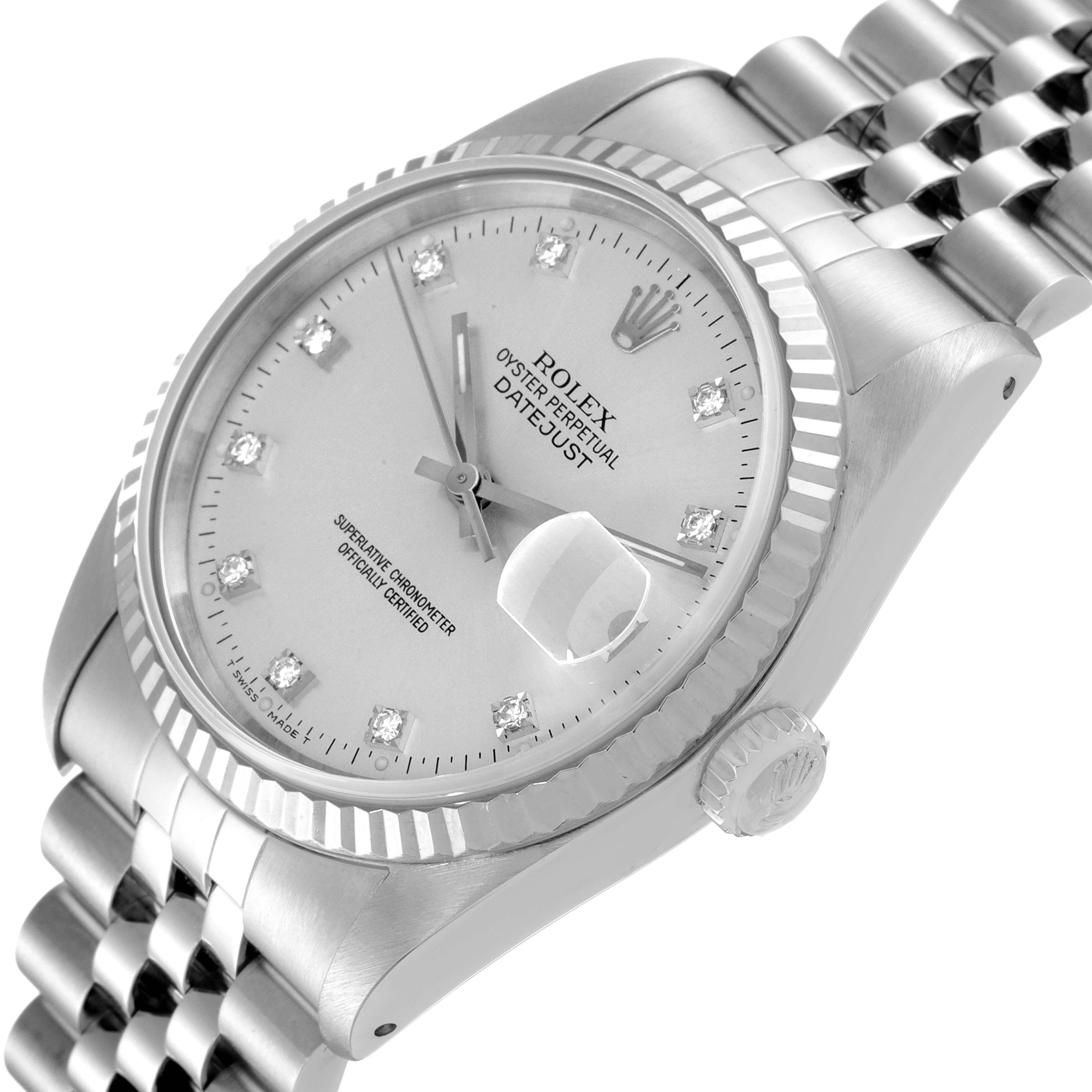 This image shows a close-up, angled view of the Rolex Datejust 16234 Men's Stainless Steel Silver Dial 16234 Men's Stainless Steel Silver Dial watch face, bezel, and bracelet.