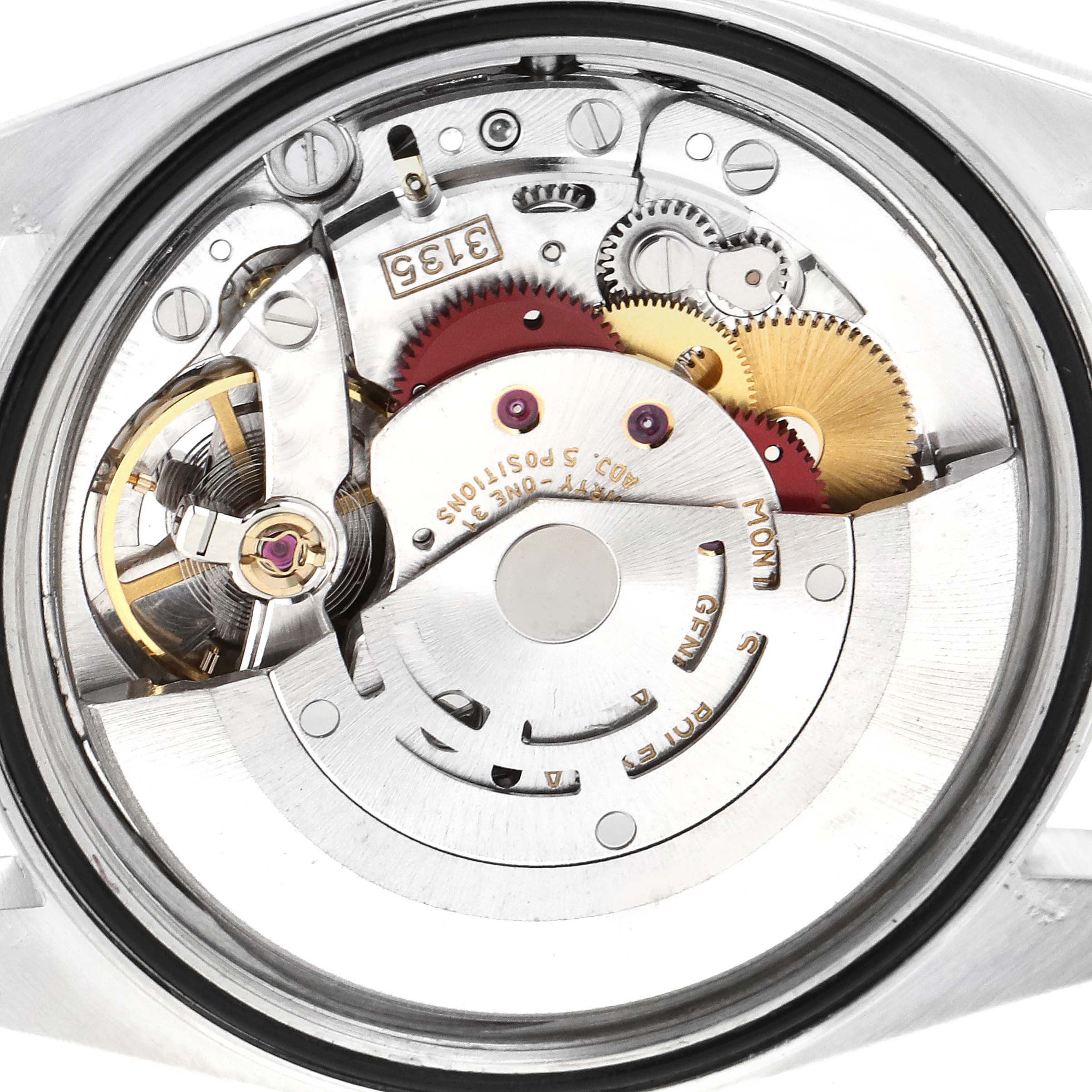 The image shows the internal mechanical movement of a Rolex Datejust 16234 Men's Stainless Steel Silver Dial 16234 Men's Stainless Steel Silver Dial watch from a top-down angle.