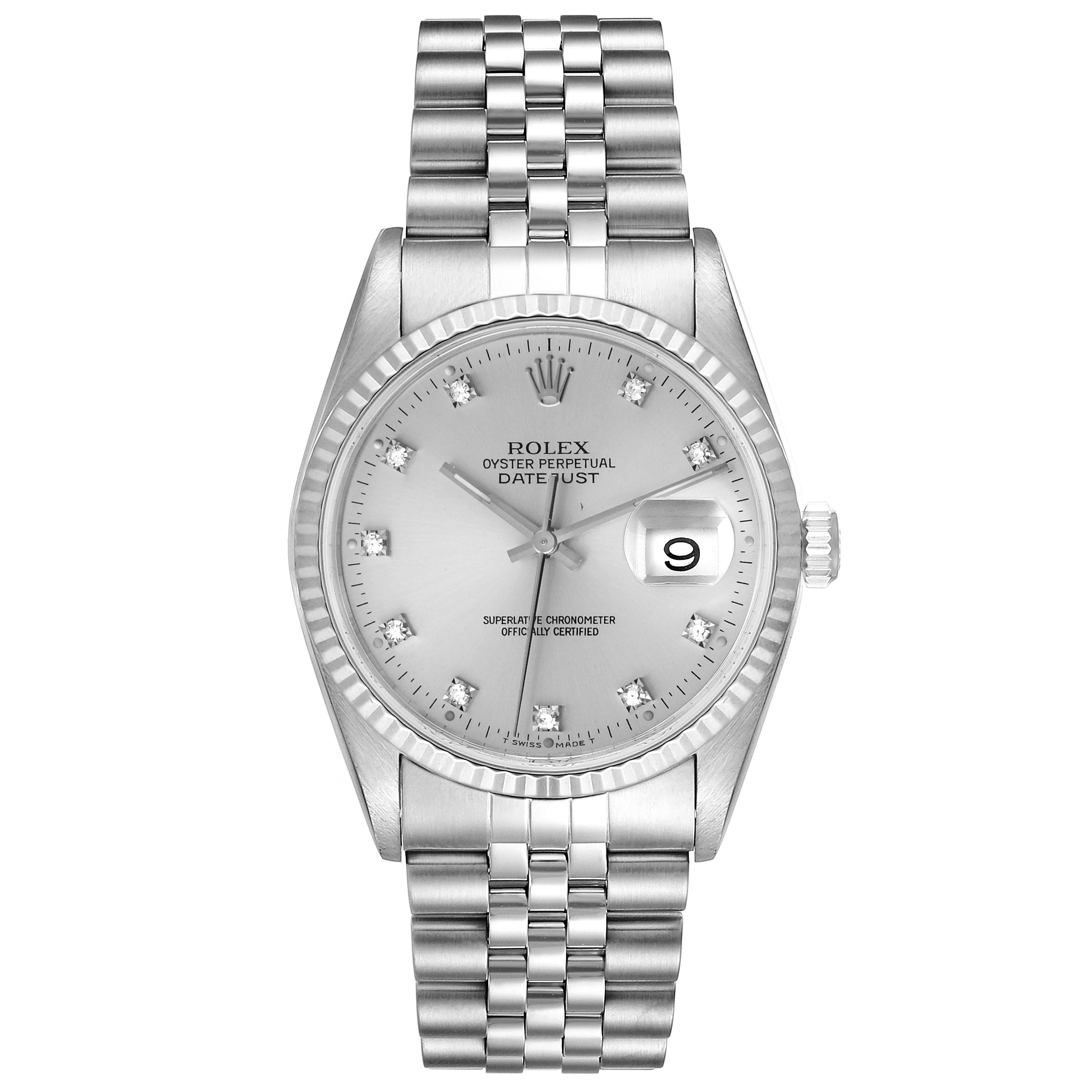 The image shows a front view of the Rolex Datejust 16234 Men's Stainless Steel Silver Dial 16234 Men's Stainless Steel Silver Dial watch, highlighting its bracelet, dial, bezel, and date window.