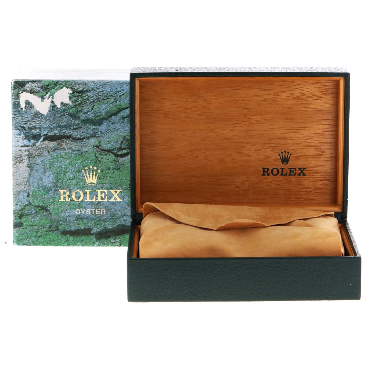 This image shows an open Rolex Datejust 16234 Men's Stainless Steel Silver Dial 16234 Men's Stainless Steel Silver Dial box and a Rolex Oyster outer box from a front angle.