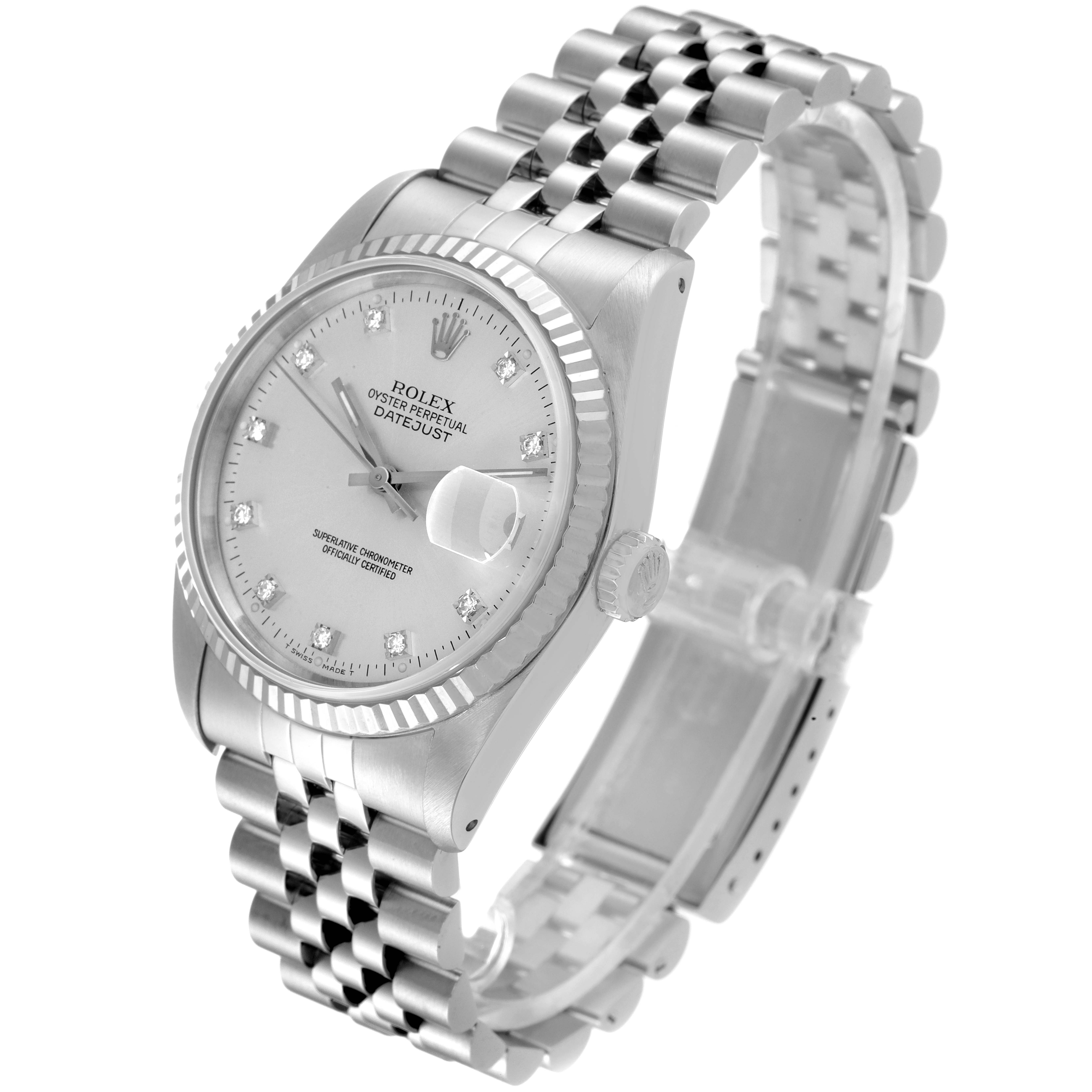 This image shows the Rolex Datejust 16234 Men's Stainless Steel Silver Dial 16234 Men's Stainless Steel Silver Dial watch at a three-quarter angle, highlighting the dial, crown, and jubilee bracelet.