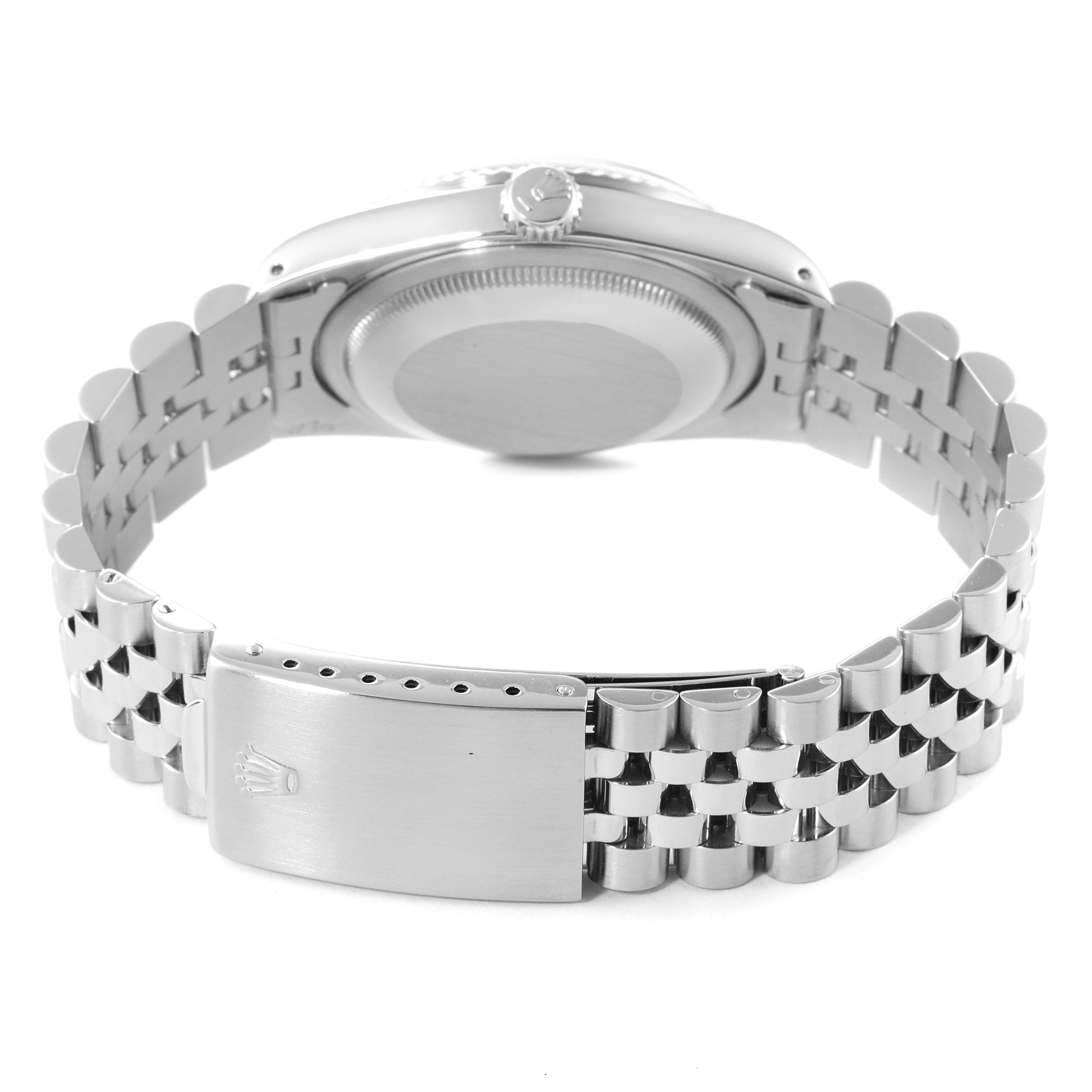 This image shows the back case, crown, and bracelet of a Rolex Datejust 16234 Men's Stainless Steel Silver Dial 16234 Men's Stainless Steel Silver Dial watch.