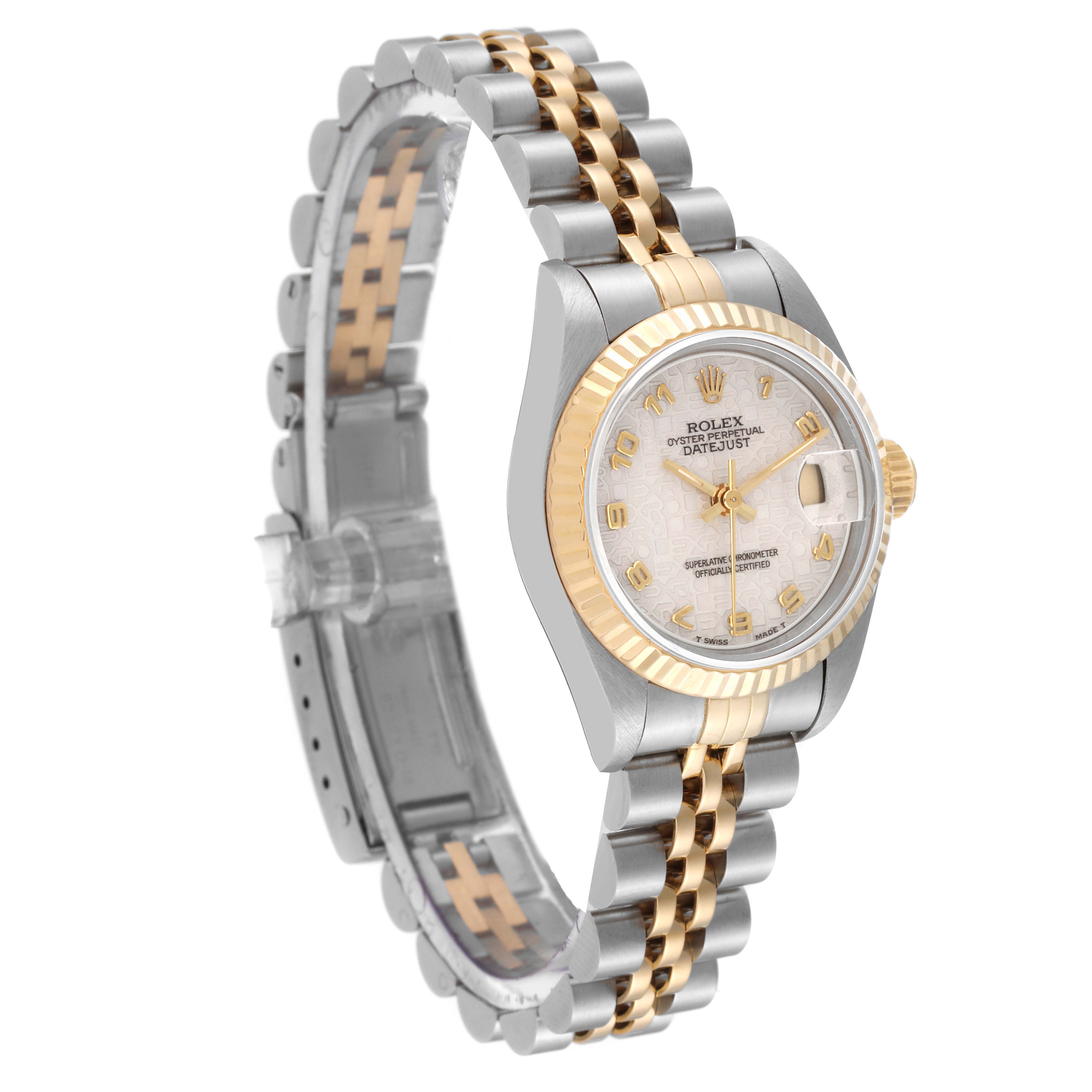 The Rolex Datejust 69173 Women's Steel and Gold (two tone) Beige Dial 69173 Women's Steel and Gold (two tone) Beige Dial watch is shown from an angled side view, displaying its two-tone bracelet, bezel, and dial.