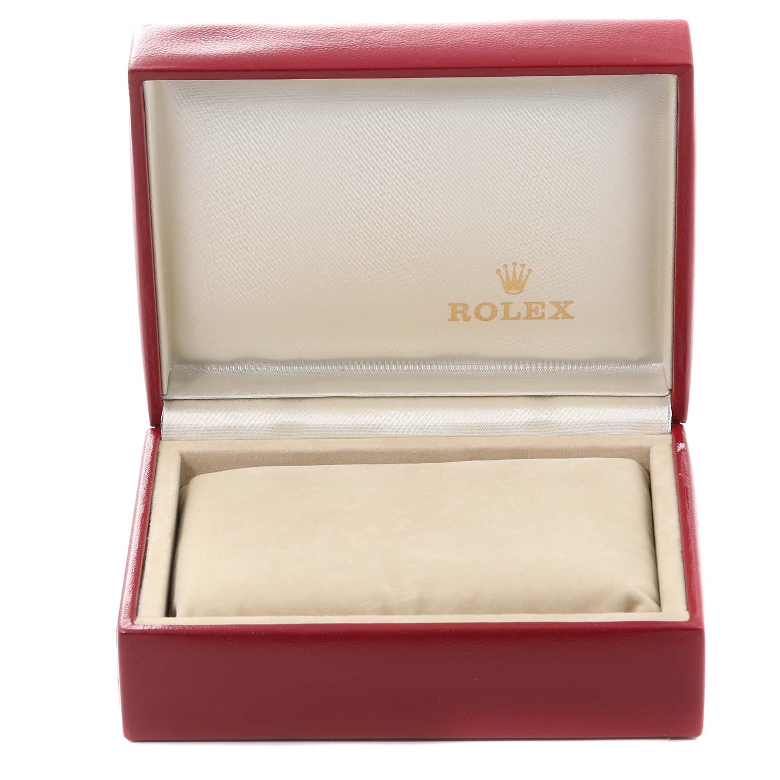 The image shows an open Rolex Datejust 69173 Women's Steel and Gold (two tone) Beige Dial 69173 Women's Steel and Gold (two tone) Beige Dial watch box in red with a cushion inside.