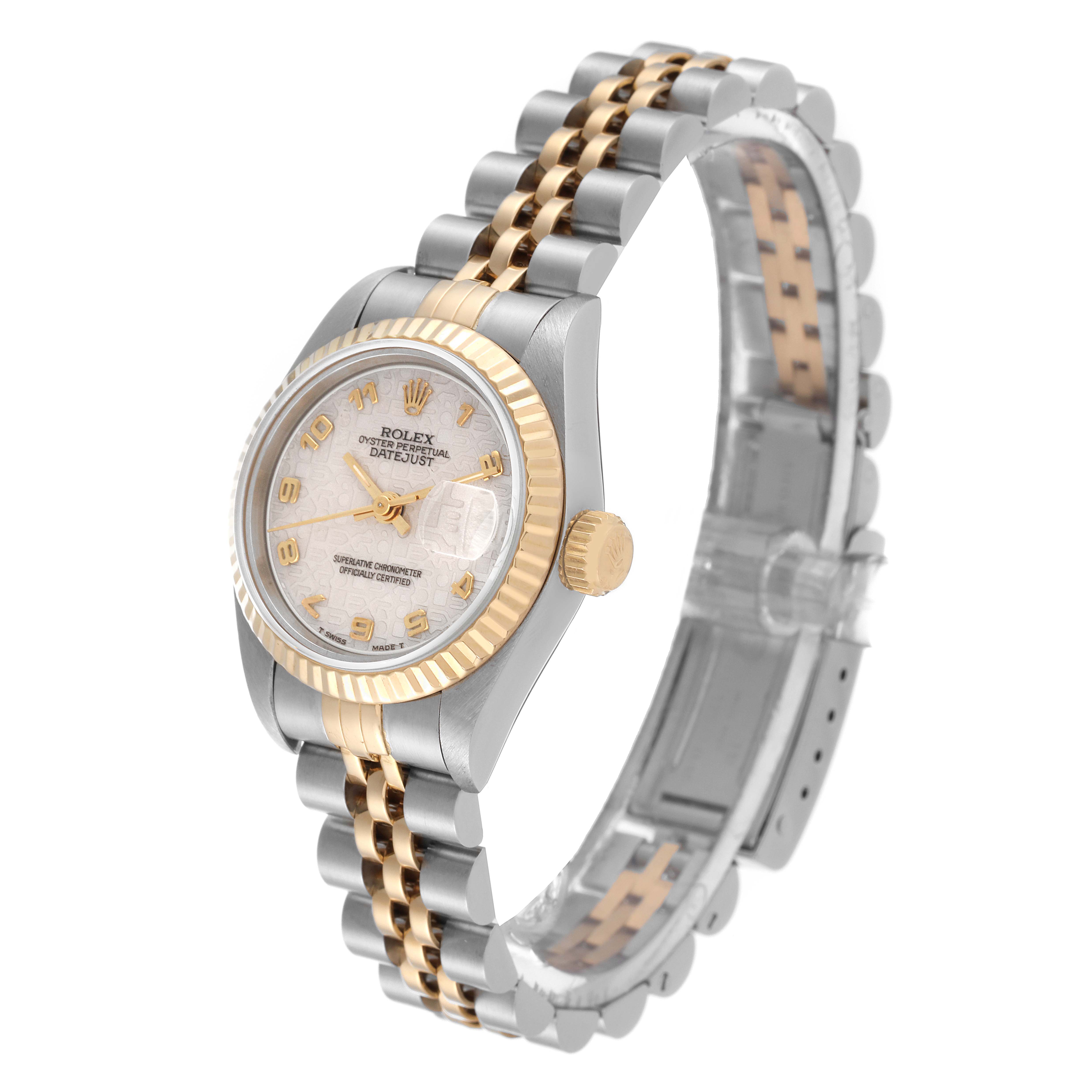 The Rolex Datejust 69173 Women's Steel and Gold (two tone) Beige Dial 69173 Women's Steel and Gold (two tone) Beige Dial watch is shown at a slight angle, highlighting the face, bezel, crown, and two-tone bracelet.