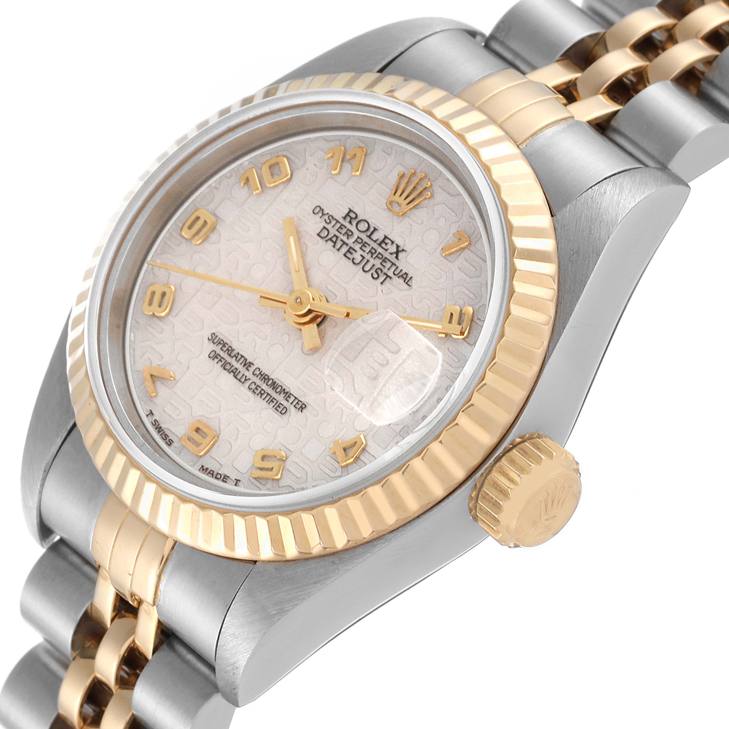 The image shows a close-up angle of the Rolex Datejust 69173 Women's Steel and Gold (two tone) Beige Dial 69173 Women's Steel and Gold (two tone) Beige Dial watch focusing on the dial, bezel, crown, and part of the bracelet.