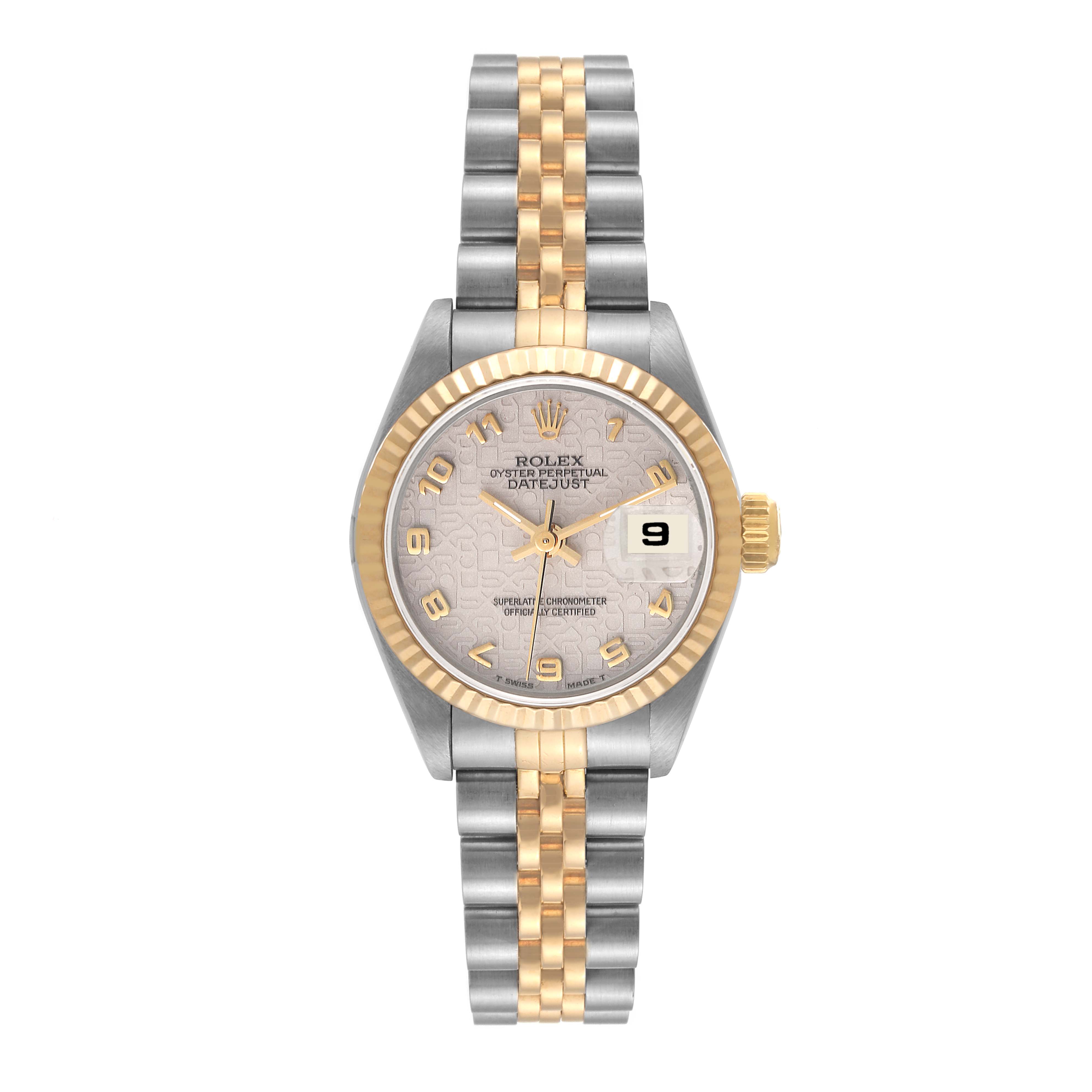 This image shows a front view of a Rolex Datejust 69173 Women's Steel and Gold (two tone) Beige Dial 69173 Women's Steel and Gold (two tone) Beige Dial watch with a two-tone gold and silver bracelet and date display.