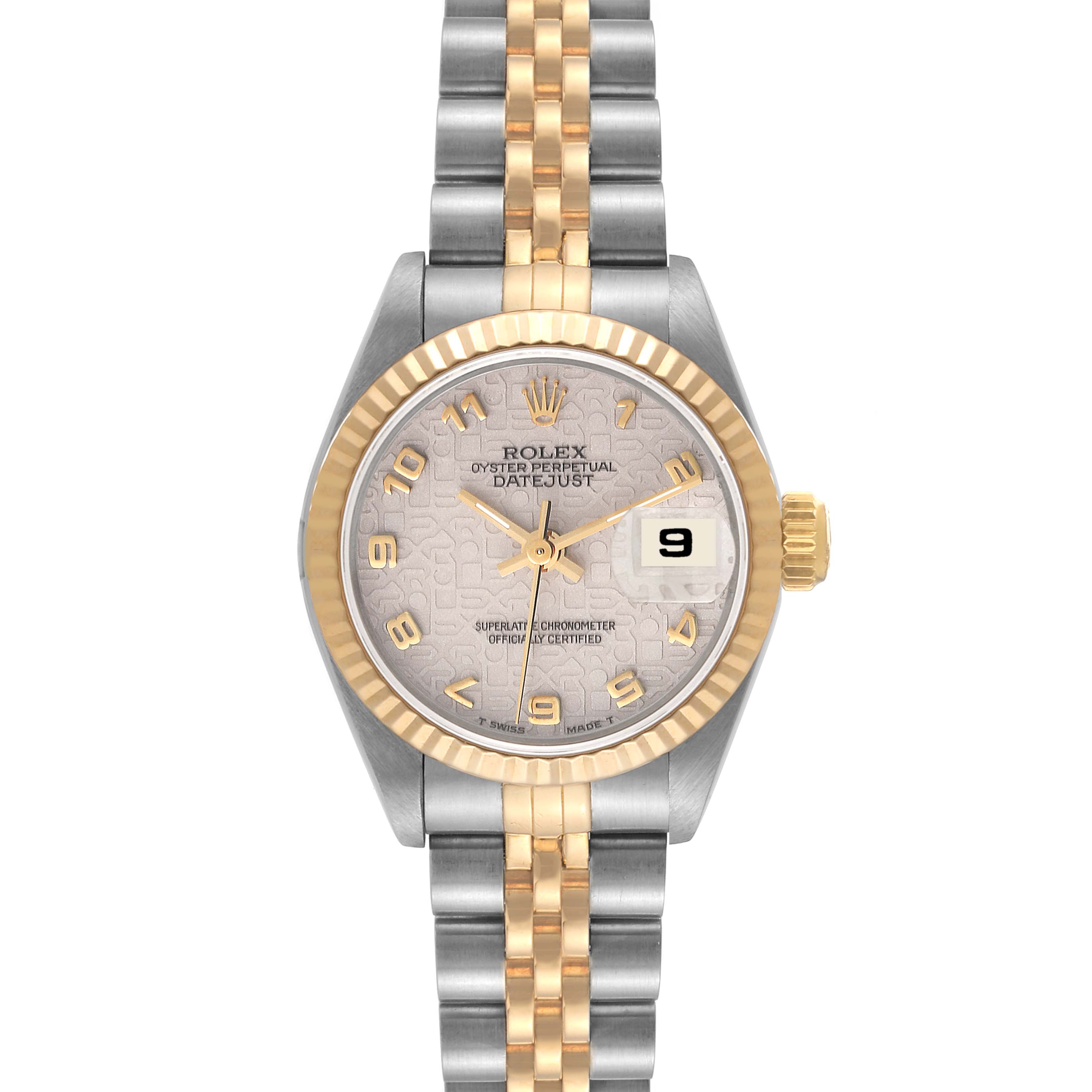 The image shows a Rolex Datejust 69173 Women's Steel and Gold (two tone) Beige Dial 69173 Women's Steel and Gold (two tone) Beige Dial watch head-on, displaying the face, bezel, and bracelet.
