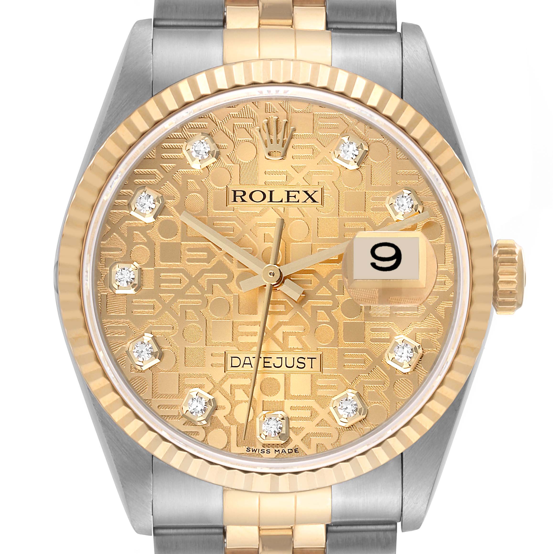 This image shows a Rolex Datejust 16233 Men's Steel and Gold (two tone) Champagne Dial 16233 Men's Steel and Gold (two tone) Champagne Dial watch's face and part of its bracelet, viewed from the front.