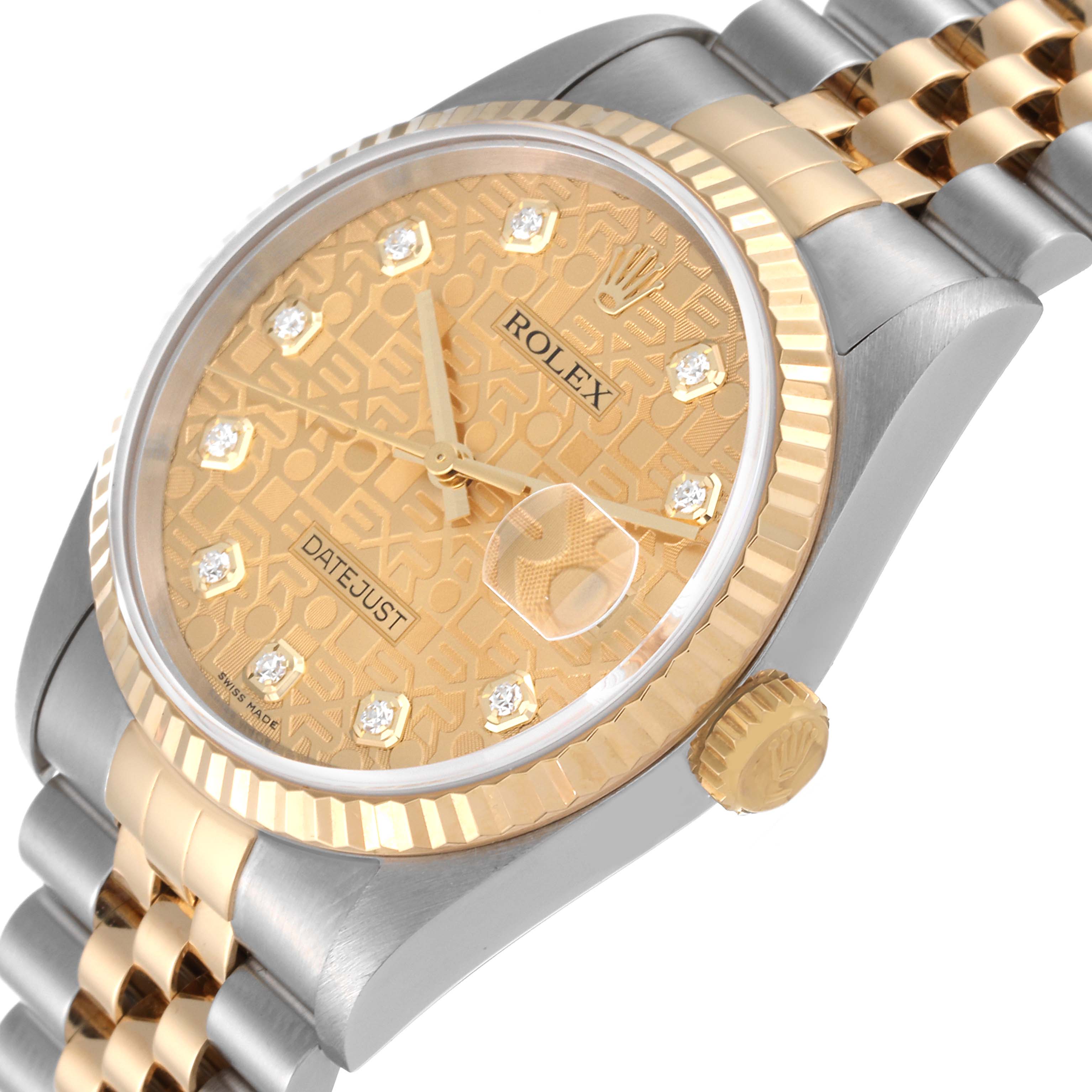 This image displays a close-up angled view of a Rolex Datejust 16233 Men's Steel and Gold (two tone) Champagne Dial 16233 Men's Steel and Gold (two tone) Champagne Dial watch, highlighting its gold dial, fluted bezel, crown, and two-tone bracelet.