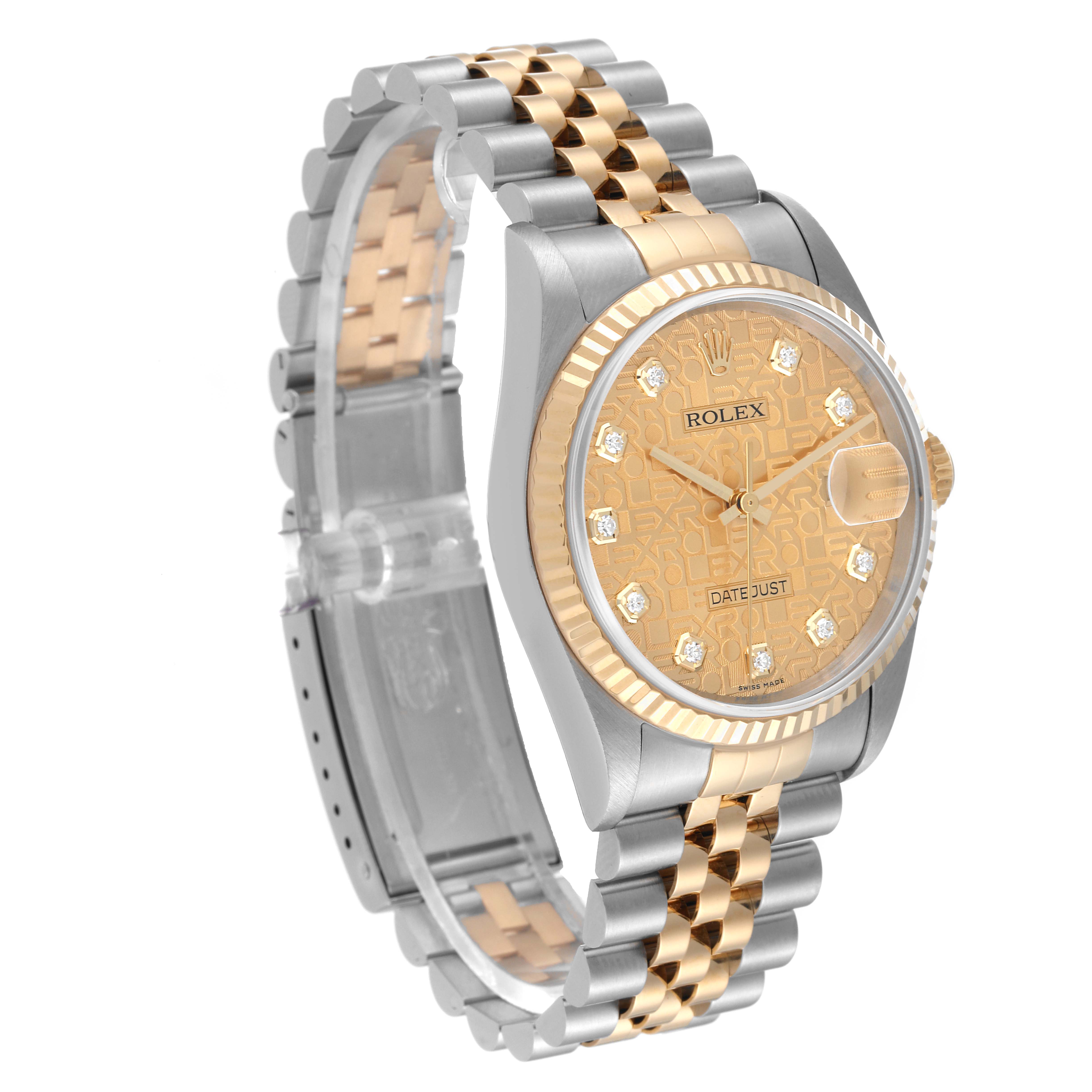 This image shows a Rolex Datejust 16233 Men's Steel and Gold (two tone) Champagne Dial 16233 Men's Steel and Gold (two tone) Champagne Dial watch at a slight diagonal angle, highlighting its face, bezel, and two-tone bracelet.