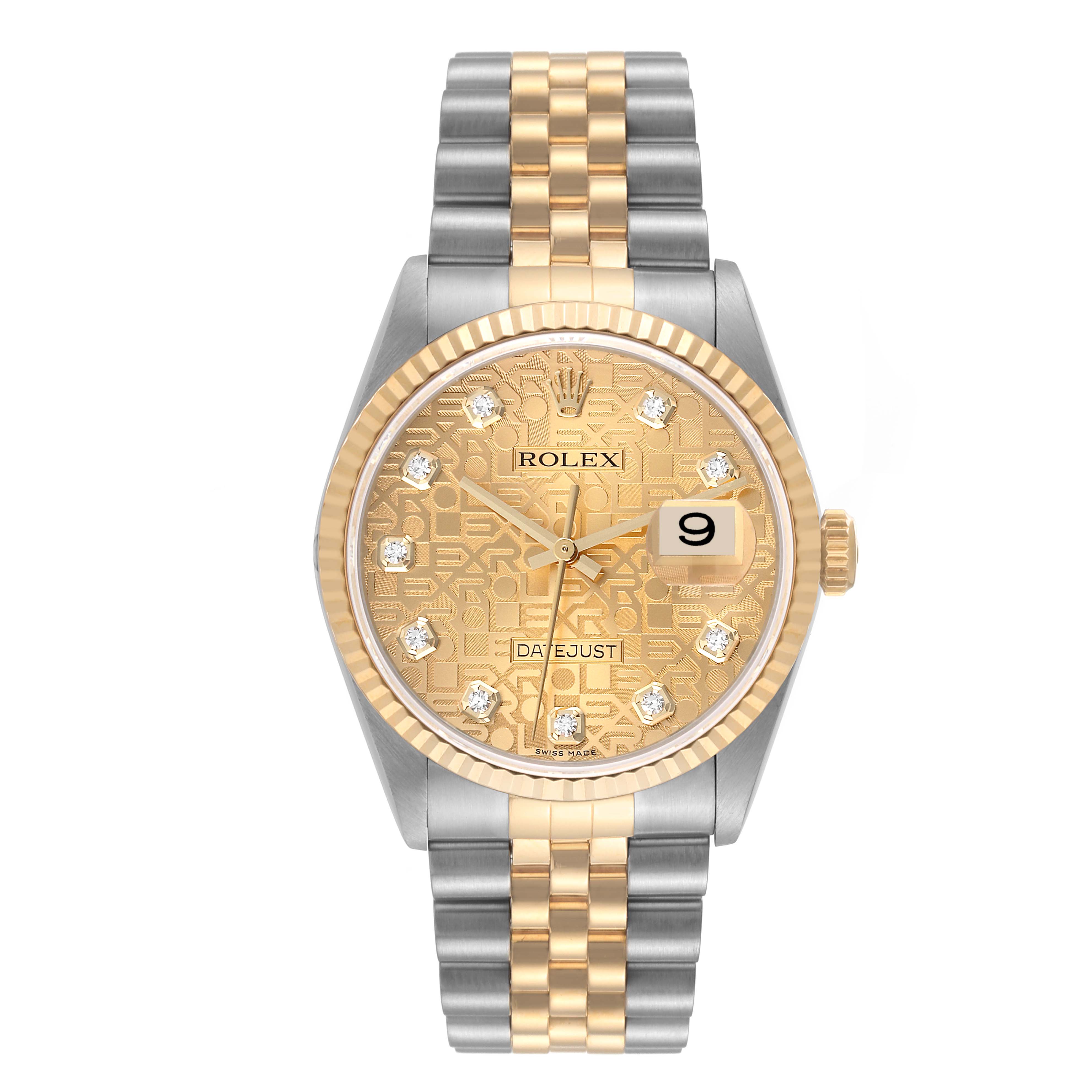 This image shows a front view of the Rolex Datejust 16233 Men's Steel and Gold (two tone) Champagne Dial 16233 Men's Steel and Gold (two tone) Champagne Dial watch, displaying the dial, bracelet, and date window.