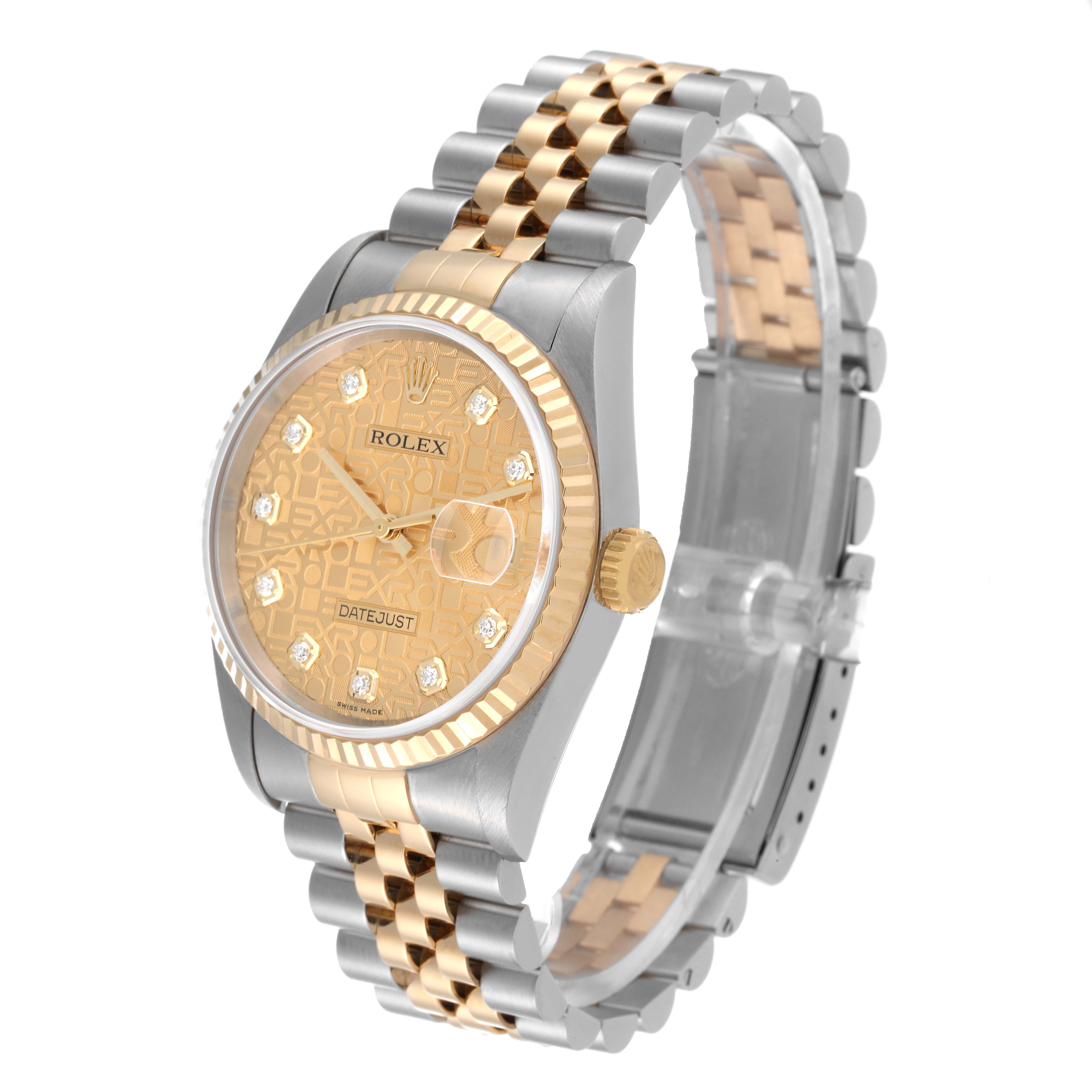 The image shows a Rolex Datejust 16233 Men's Steel and Gold (two tone) Champagne Dial 16233 Men's Steel and Gold (two tone) Champagne Dial watch from a front angled view, showcasing the dial, case, and bracelet.