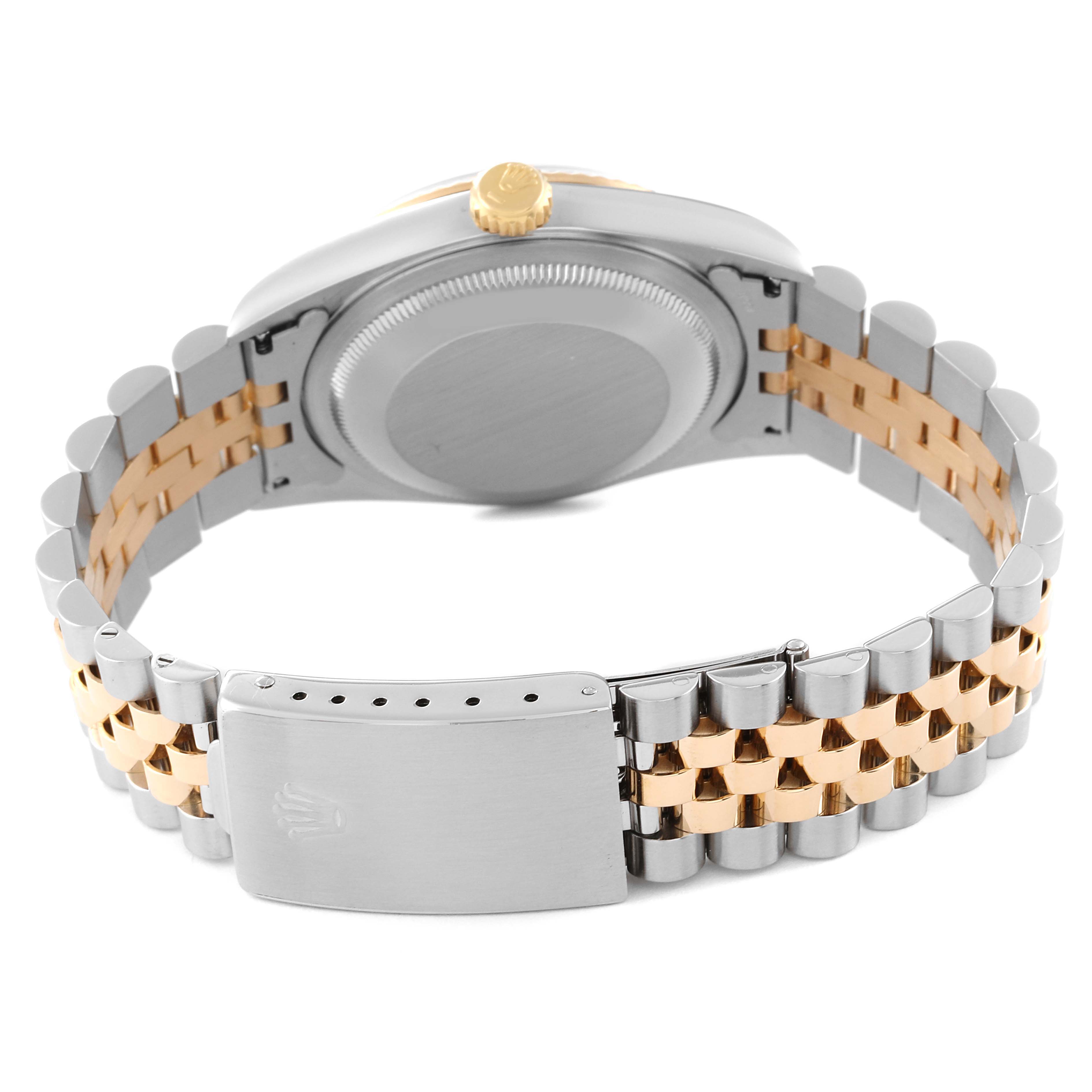 This image shows the case back and Jubilee bracelet of a Rolex Datejust 16233 Men's Steel and Gold (two tone) Champagne Dial 16233 Men's Steel and Gold (two tone) Champagne Dial watch from a rear angle.