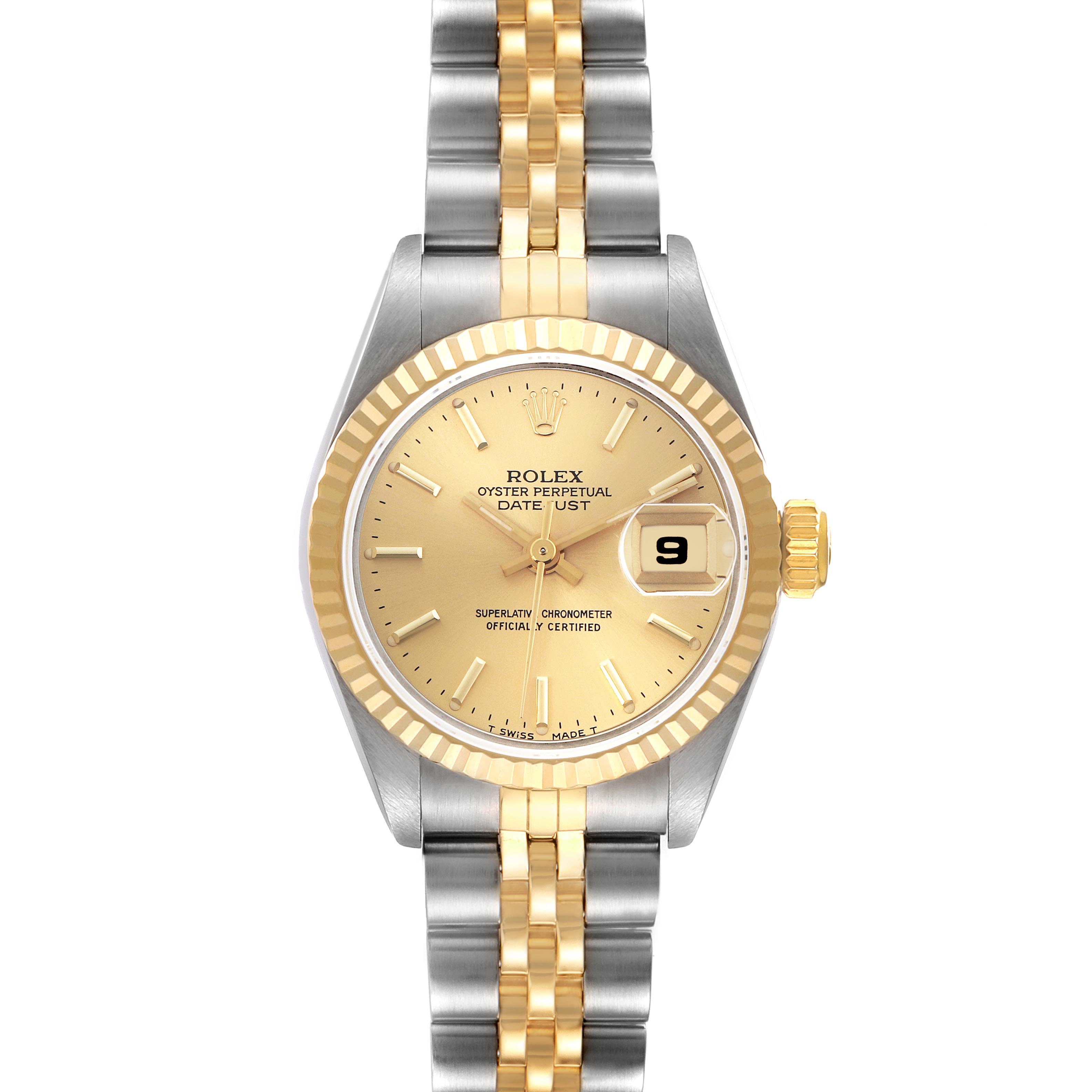 The Rolex Datejust 69173 Women's Steel and Gold (two tone) Champagne Dial 69173 Women's Steel and Gold (two tone) Champagne Dial watch is shown from a top-down angle, displaying the gold dial, fluted bezel, and two-tone bracelet.