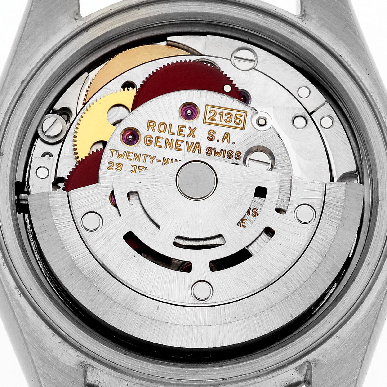 The image shows the movement of a Rolex Datejust 69173 Women's Steel and Gold (two tone) Champagne Dial 69173 Women's Steel and Gold (two tone) Champagne Dial watch, viewed from the back, highlighting gears and internal components.