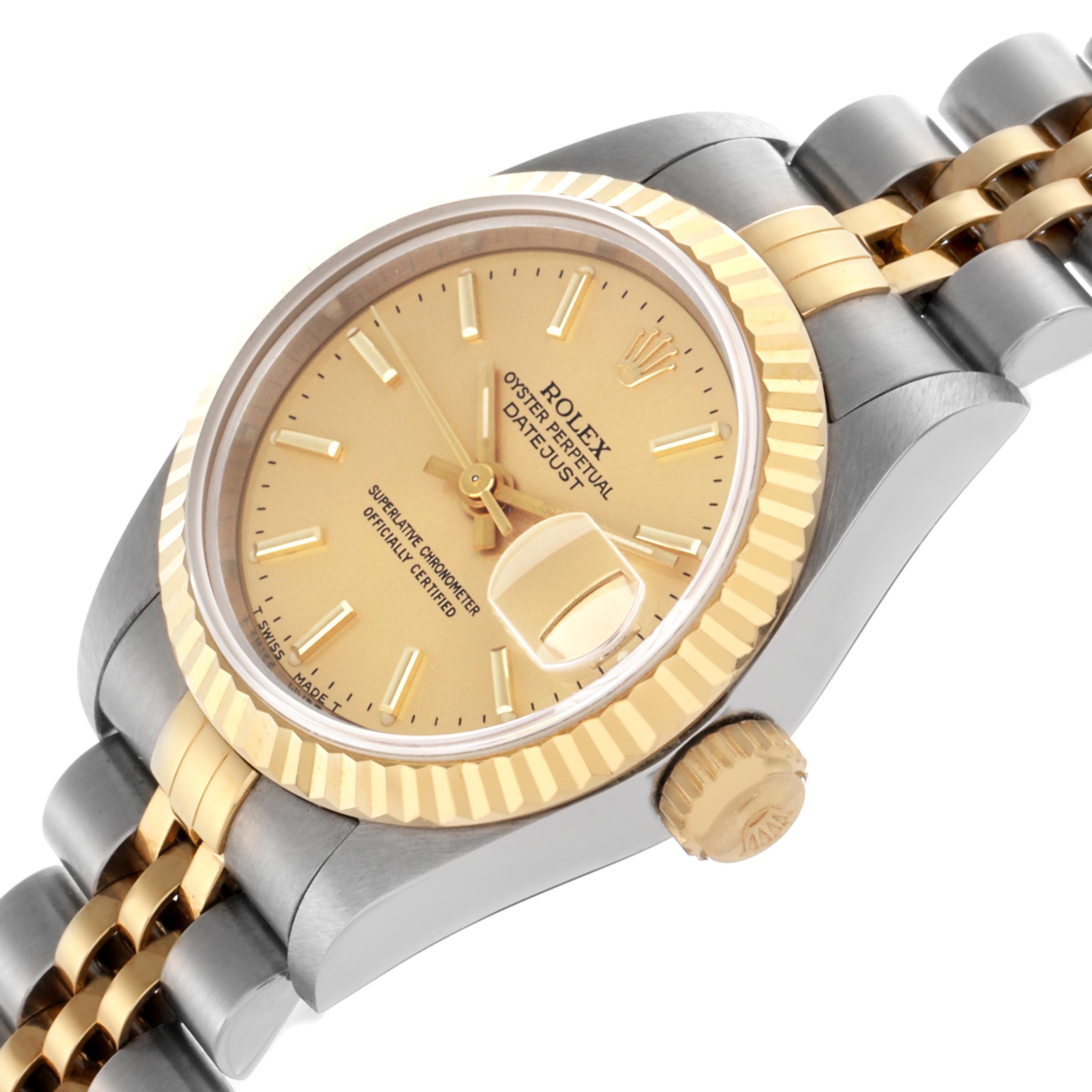 The Rolex Datejust 69173 Women's Steel and Gold (two tone) Champagne Dial 69173 Women's Steel and Gold (two tone) Champagne Dial watch is shown at an angle highlighting its gold dial, fluted bezel, and two-tone bracelet with the crown visible.