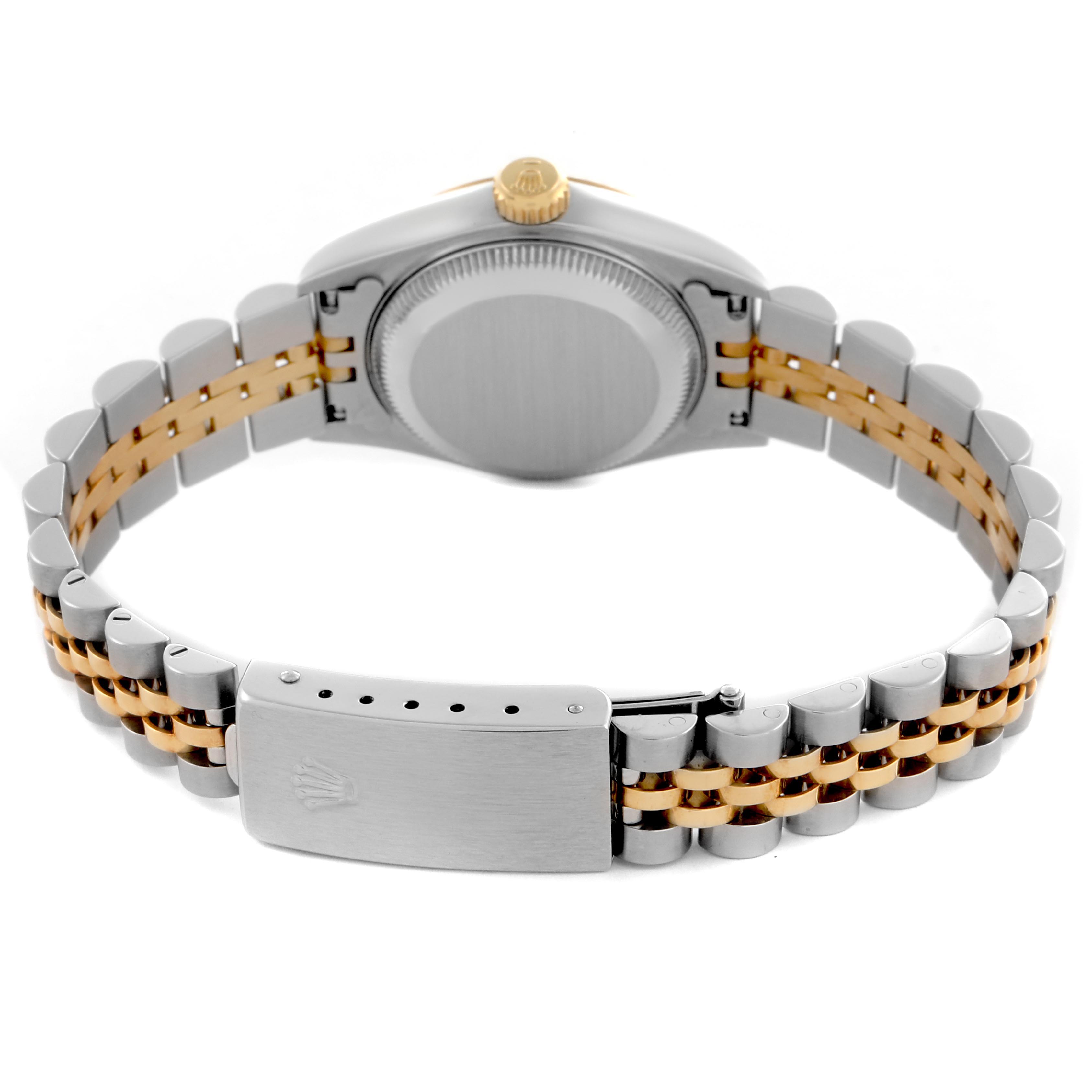 The image shows the back of a Rolex Datejust 69173 Women's Steel and Gold (two tone) Champagne Dial 69173 Women's Steel and Gold (two tone) Champagne Dial watch, highlighting the jubilee bracelet, clasp, and case back.
