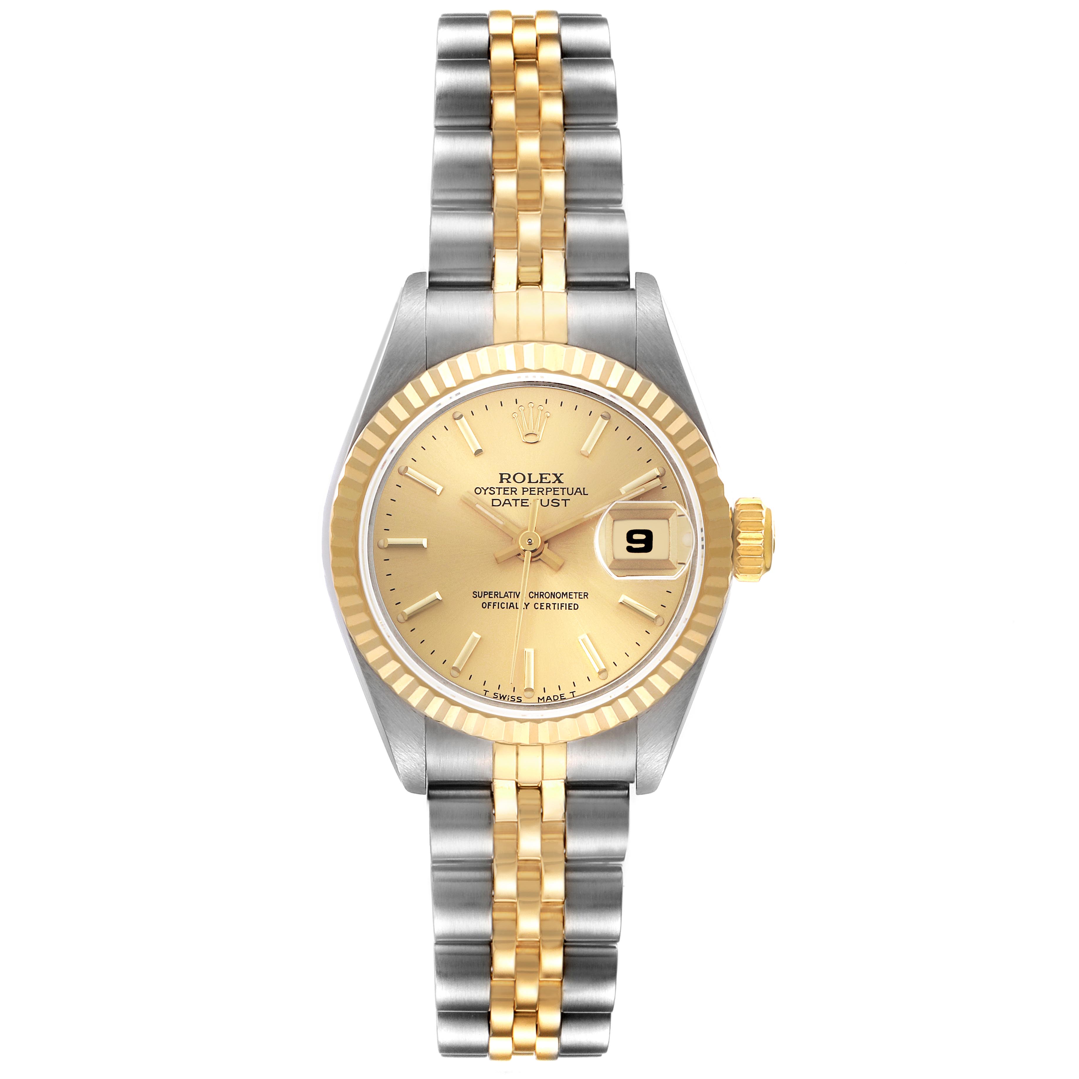 The Rolex Datejust 69173 Women's Steel and Gold (two tone) Champagne Dial 69173 Women's Steel and Gold (two tone) Champagne Dial watch is shown from a front view, displaying the dial, bezel, and two-tone bracelet.