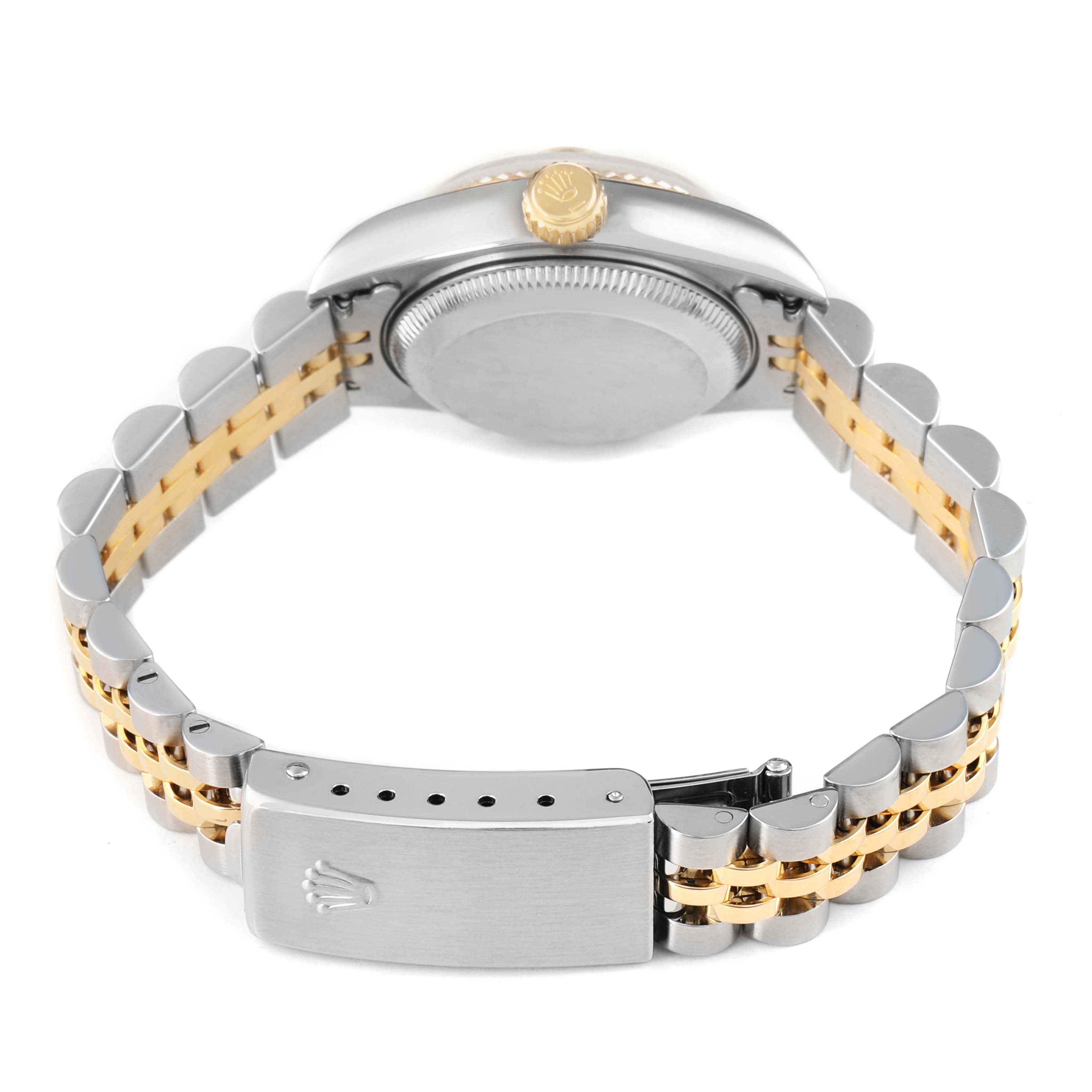 The image shows the back and side profile of the Rolex Datejust 79173 Women's Steel and Gold (two tone) Champagne Dial, highlighting the bracelet, clasp, and crown.