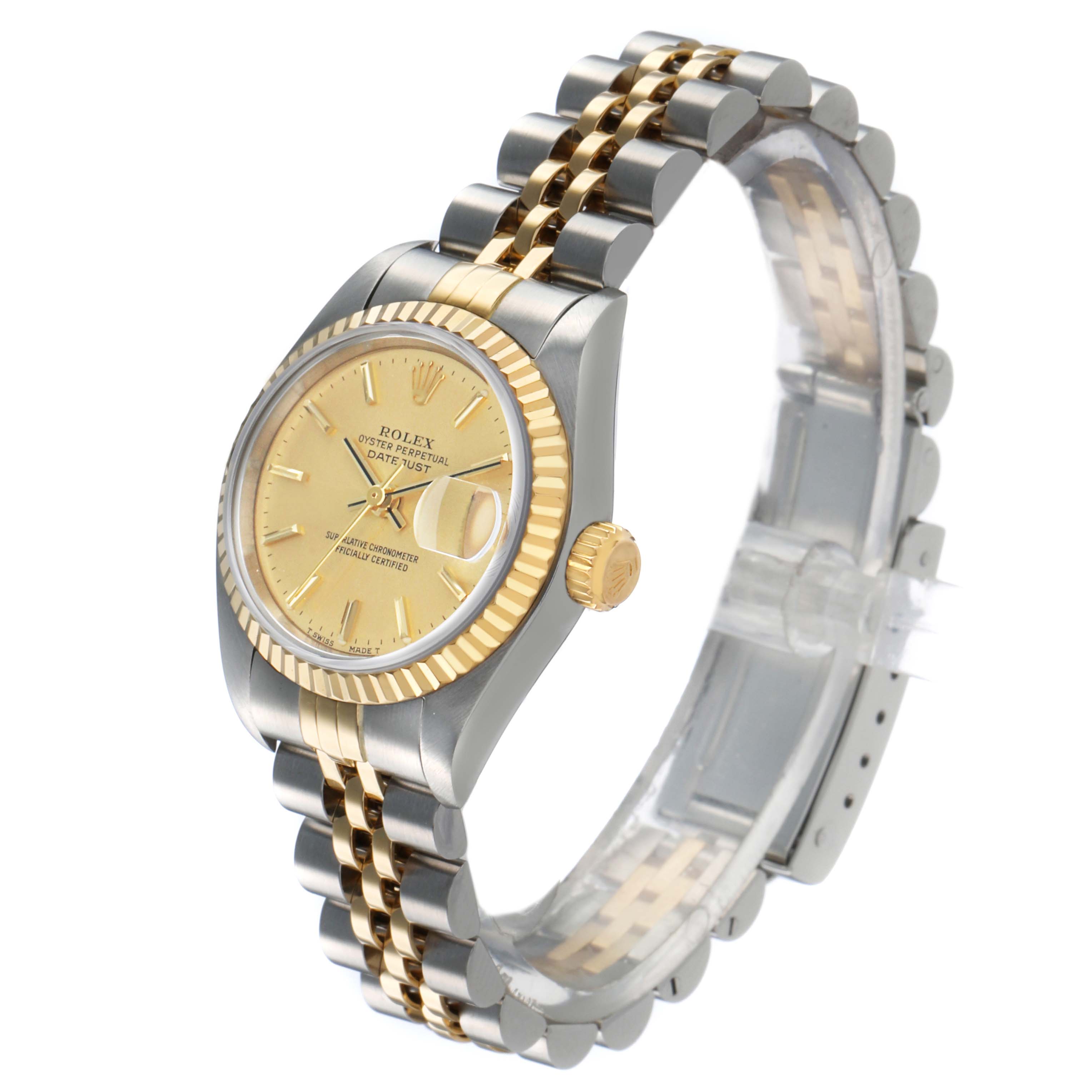 The Rolex Datejust 79173 Women's Steel and Gold (two tone) Champagne Dial is shown at a three-quarter angle, highlighting its gold dial, fluted bezel, crown, and two-tone bracelet.