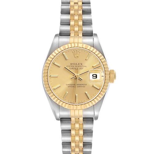 The Rolex Datejust 79173 Women's Steel and Gold (two tone) Champagne Dial watch is shown from the front, highlighting the dial, bezel, and two-tone bracelet.