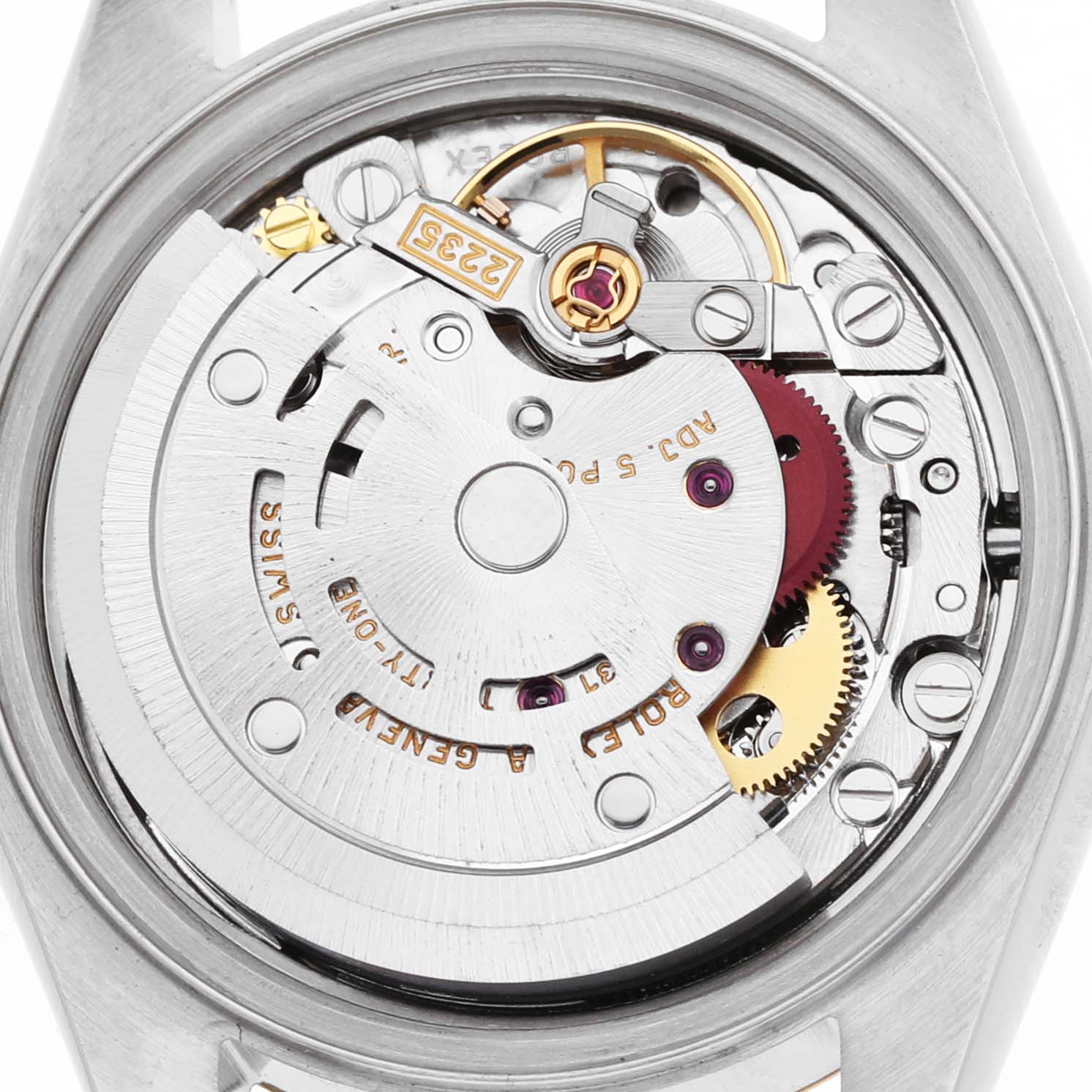 The image shows a close-up view of the Rolex Datejust 79173 Women's Steel and Gold (two tone) Champagne Dial's internal movement, highlighting gears and components.