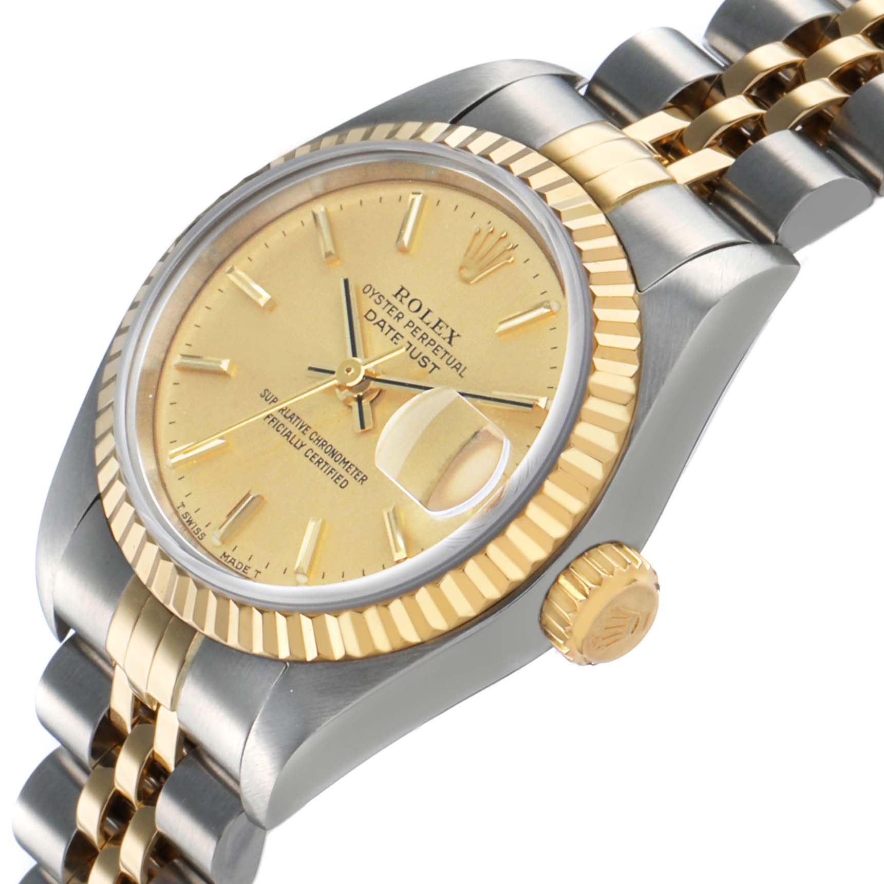 The Rolex Datejust 79173 Women's Steel and Gold (two tone) Champagne Dial watch is shown at an angled close-up, highlighting the dial, fluted bezel, crown, and two-tone jubilee bracelet.