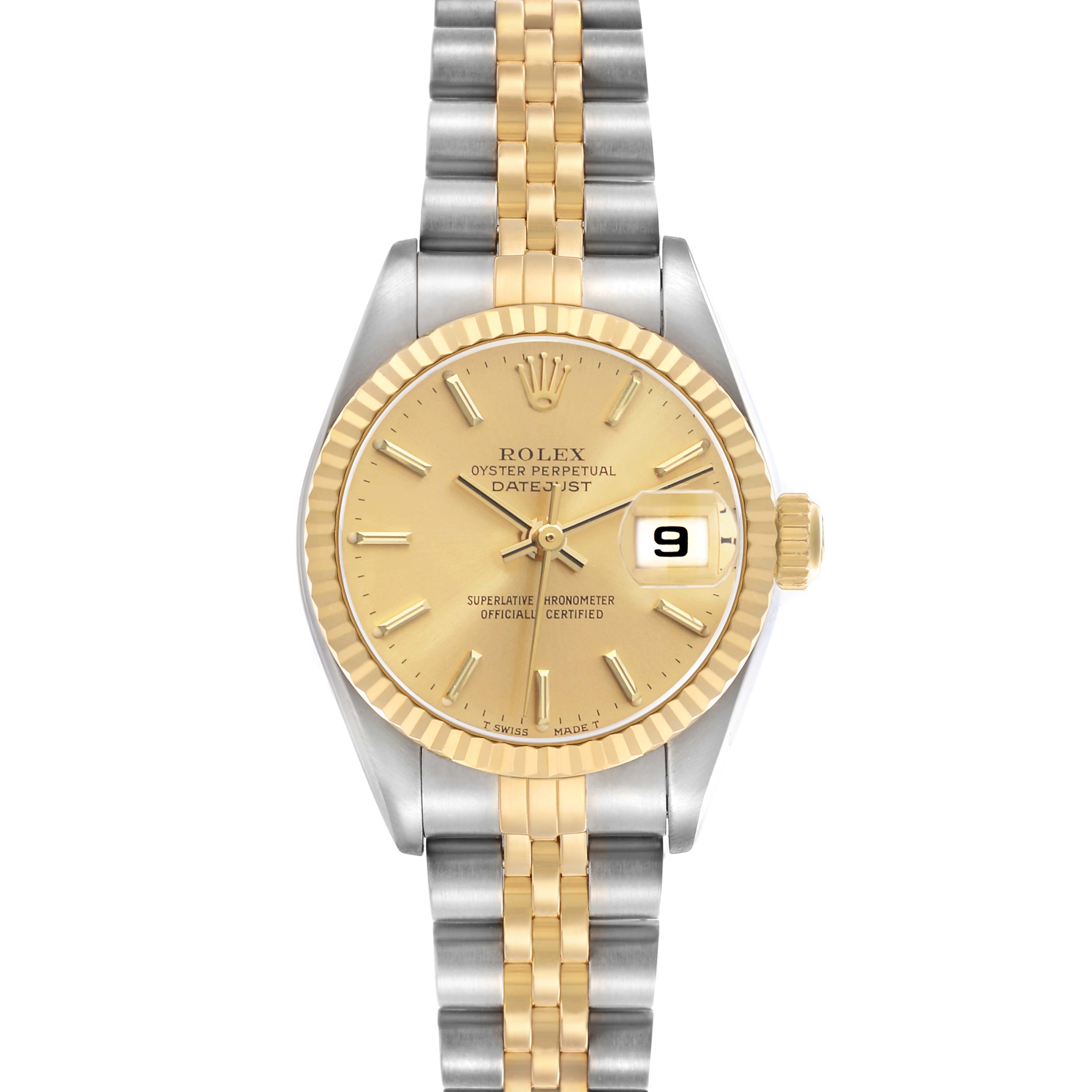 The Rolex Datejust 79173 Women's Steel and Gold (two tone) Champagne Dial watch is shown from a top-down angle, displaying the dial, bezel, hands, and bracelet.