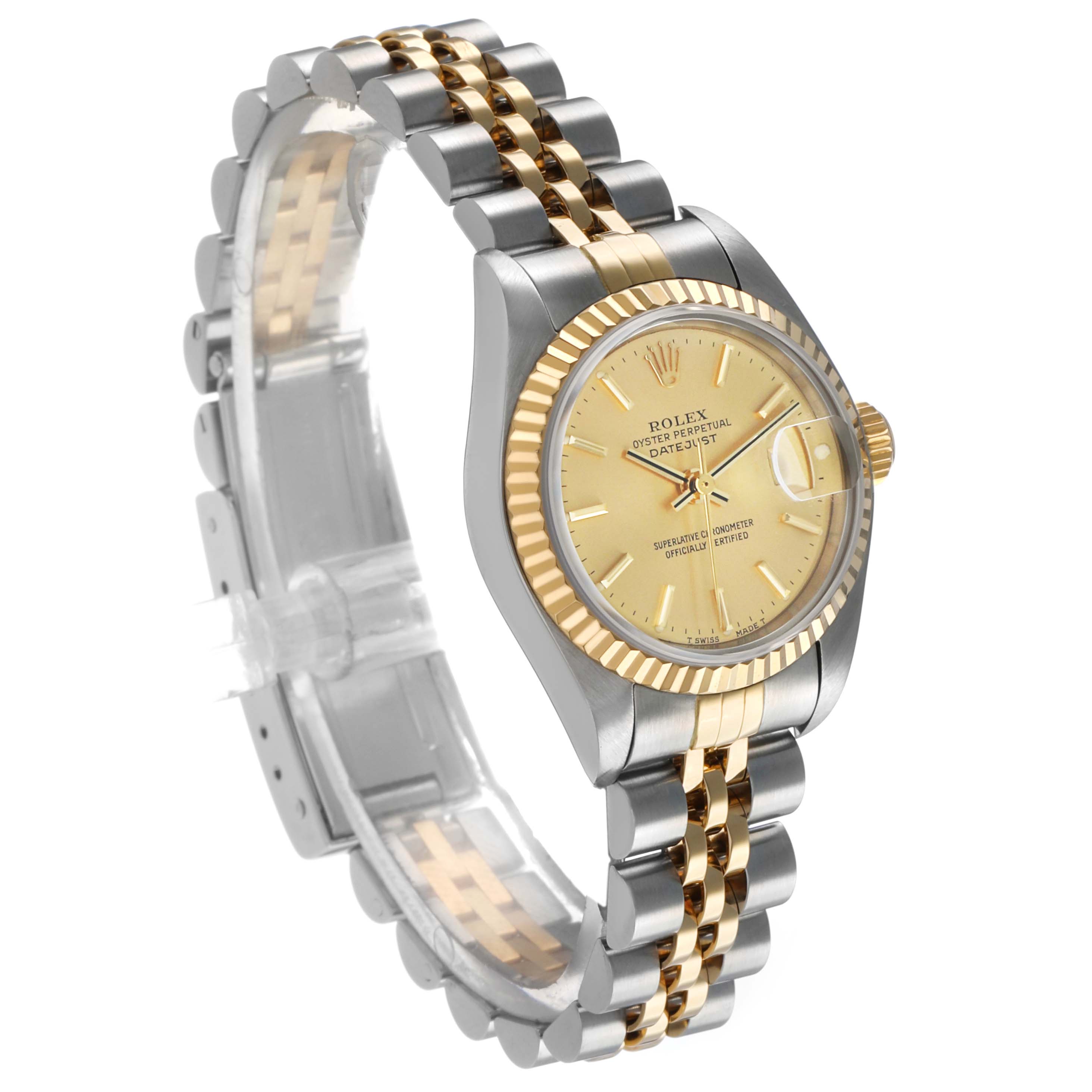 The Rolex Datejust 79173 Women's Steel and Gold (two tone) Champagne Dial watch is shown at an angled side view displaying the dial, fluted bezel, and two-tone jubilee bracelet.