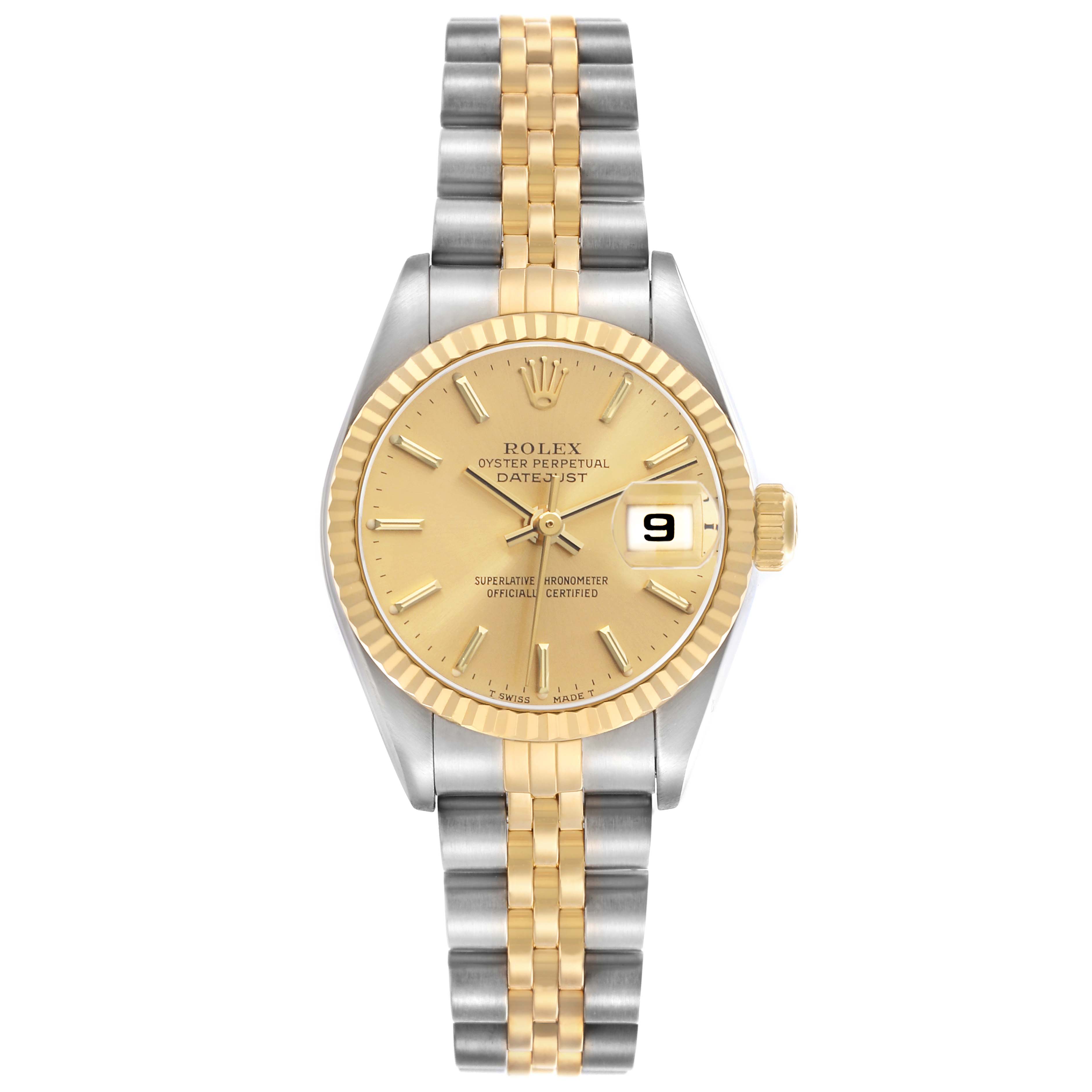 The Rolex Datejust 79173 Women's Steel and Gold (two tone) Champagne Dial watch is shown from a front angle, displaying the dial, bezel, crown, and two-tone bracelet.