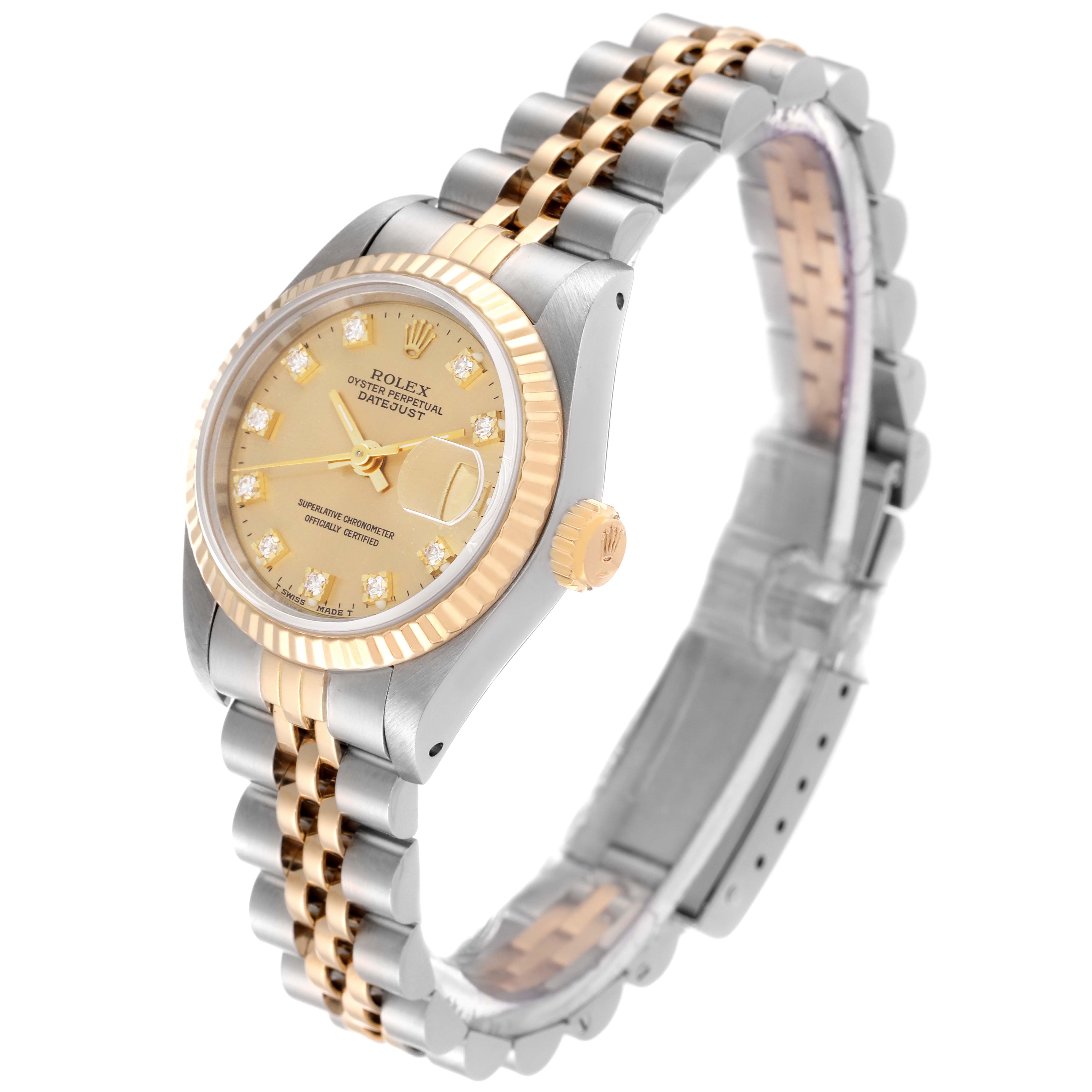 The Rolex Datejust 69173 Women's Steel and Gold (two tone) Champagne Dial 69173 Women's Steel and Gold (two tone) Champagne Dial watch is shown at a three-quarter angle, highlighting its gold and silver bracelet and diamond-accented dial.
