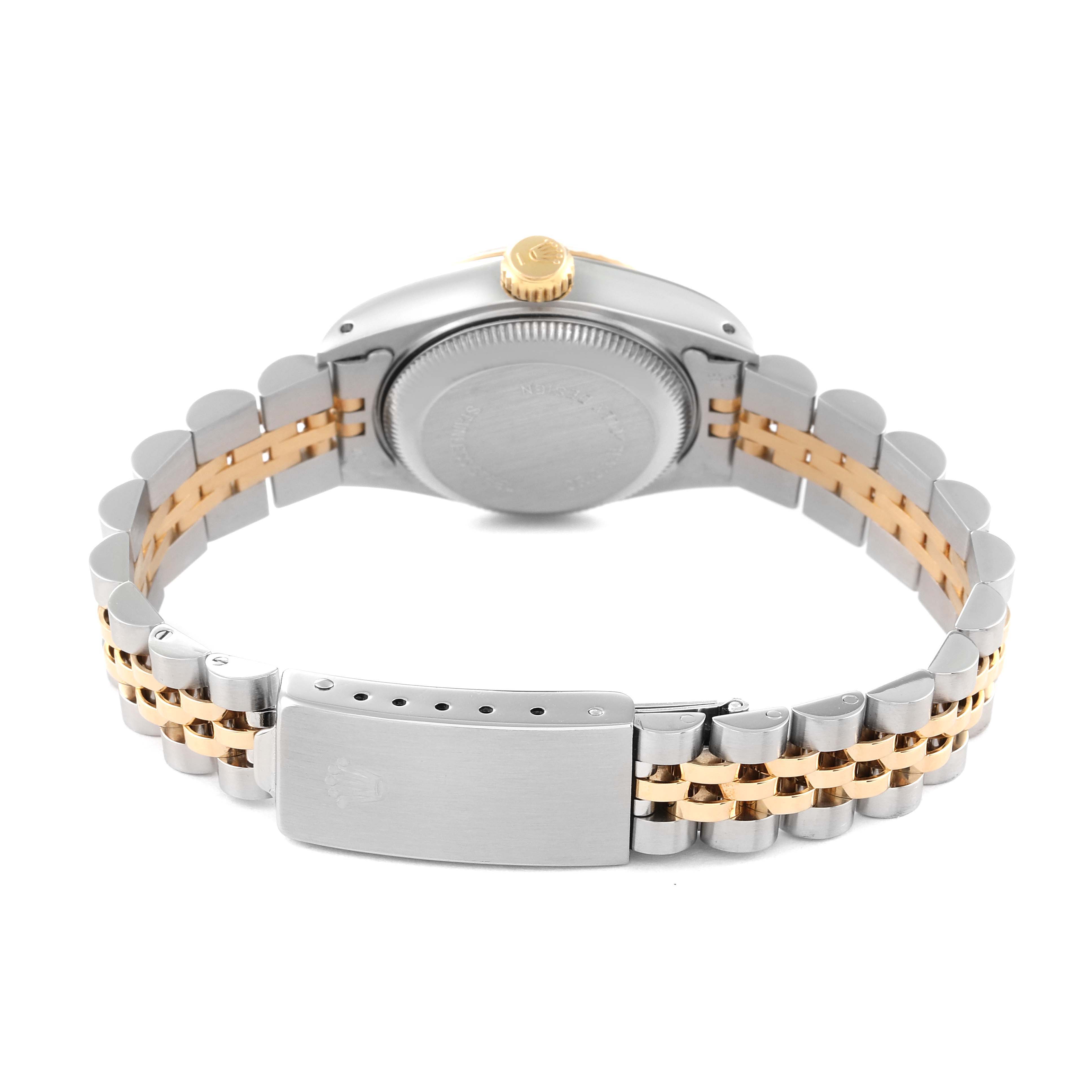 This image shows the Rolex Datejust 69173 Women's Steel and Gold (two tone) Champagne Dial 69173 Women's Steel and Gold (two tone) Champagne Dial watch from a rear angle, highlighting its clasp, bracelet, and case back.